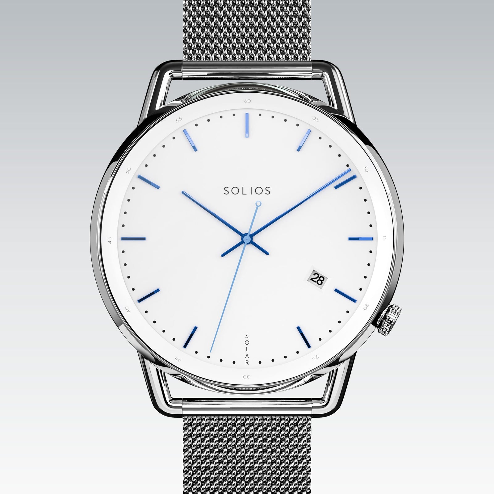 Solios Solar Curve solar watch, white dial and silver 40mm case, silver stainless steel mesh strap, close up front view