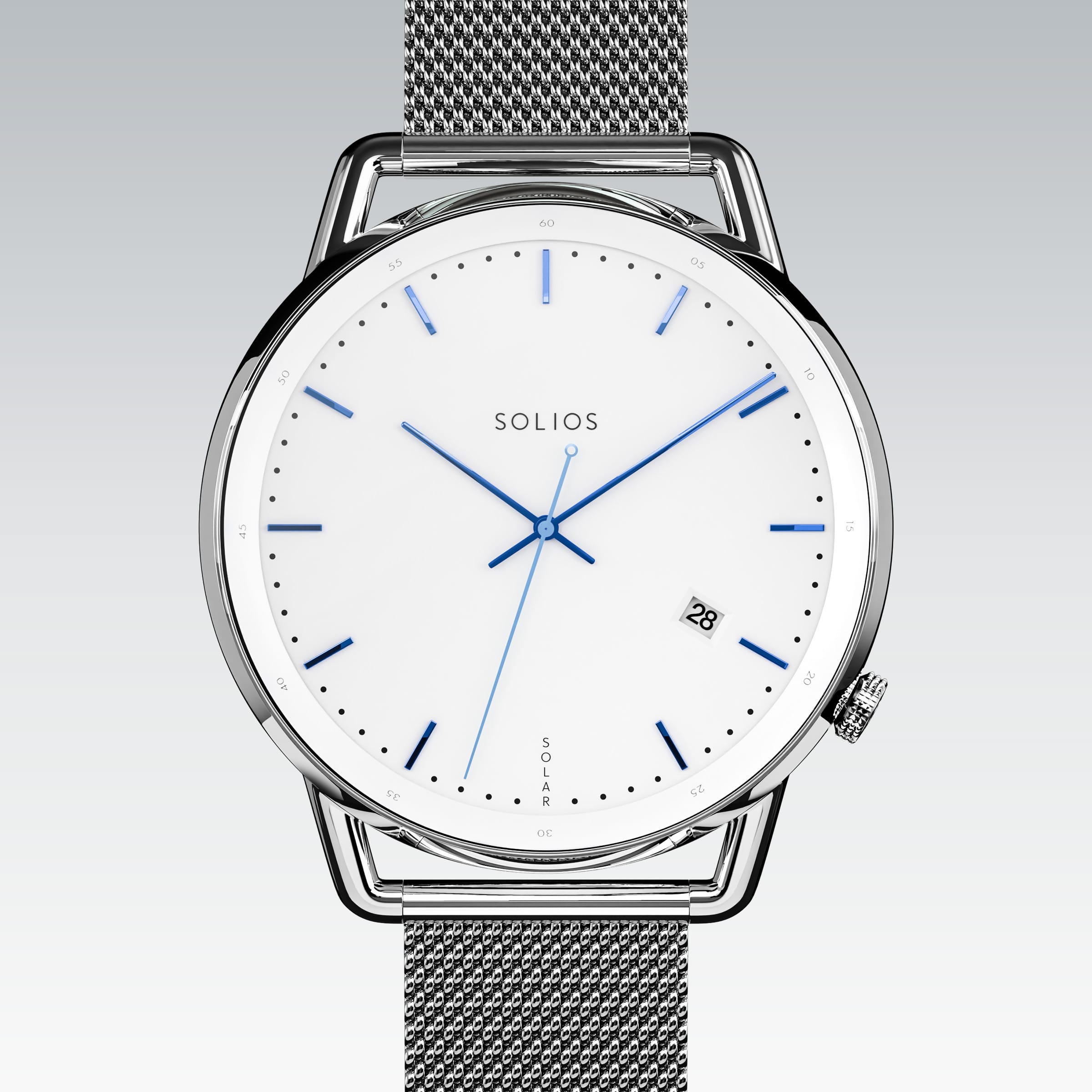 Solios Solar Curve solar watch, white dial and silver 40mm case, silver stainless steel mesh strap, close up front view