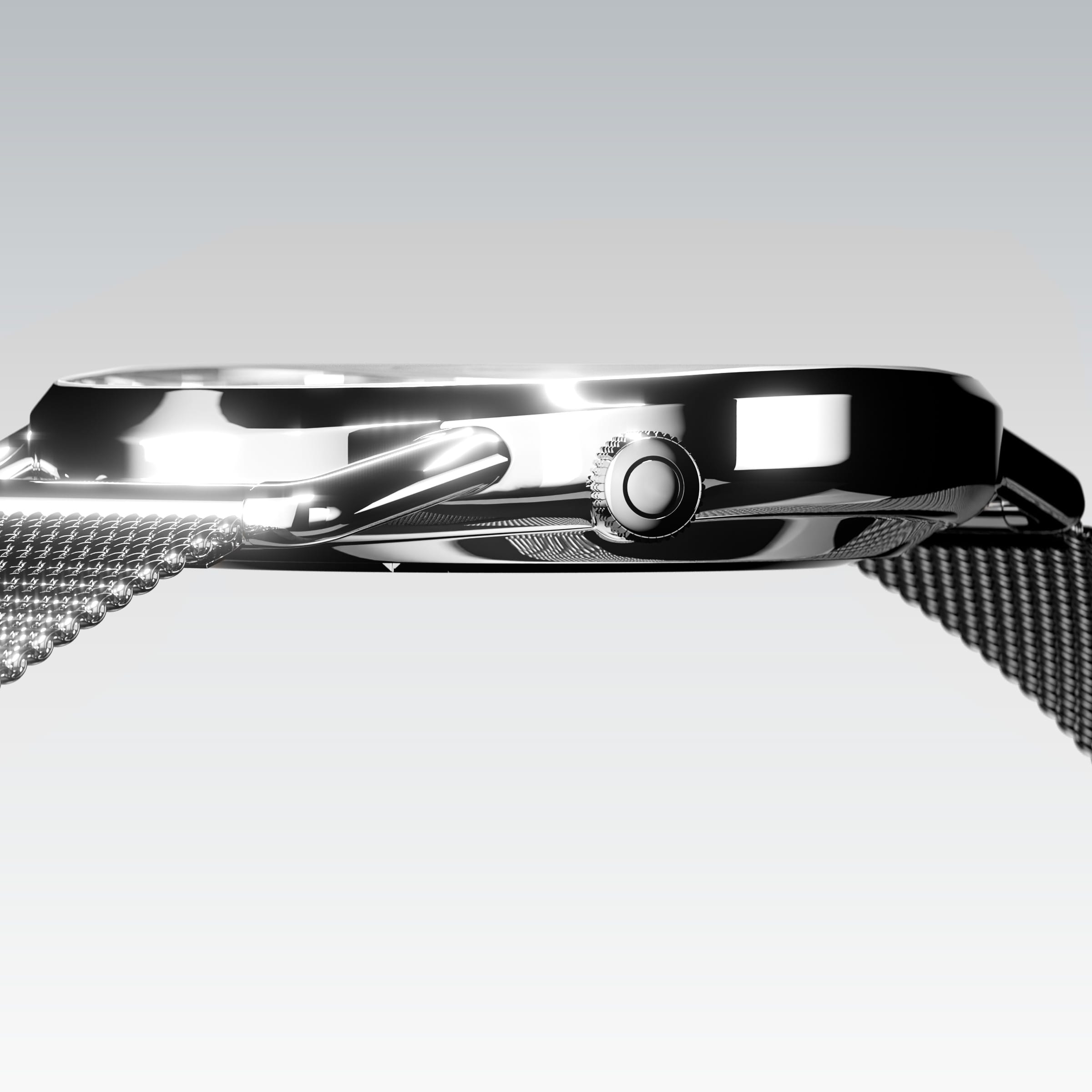 Side profile of the slim Solios Solar Curve, 10mm-thin silver case and crown, the white dial variation, silver stainless steel mesh strap