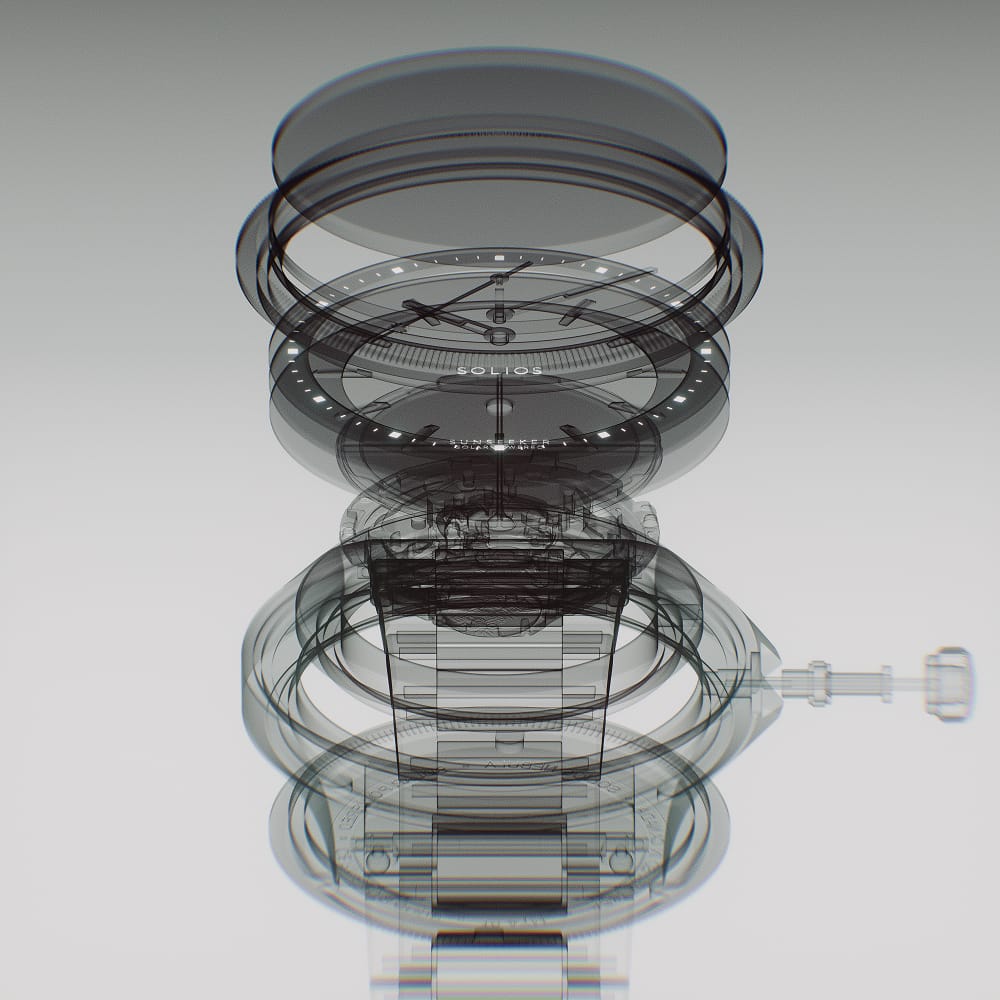 A transparent, exploded-style technical rendering of a Solios Sunseeker, showing the case, solar cell, dial, bracelet, and crown on a light gray gradient background.