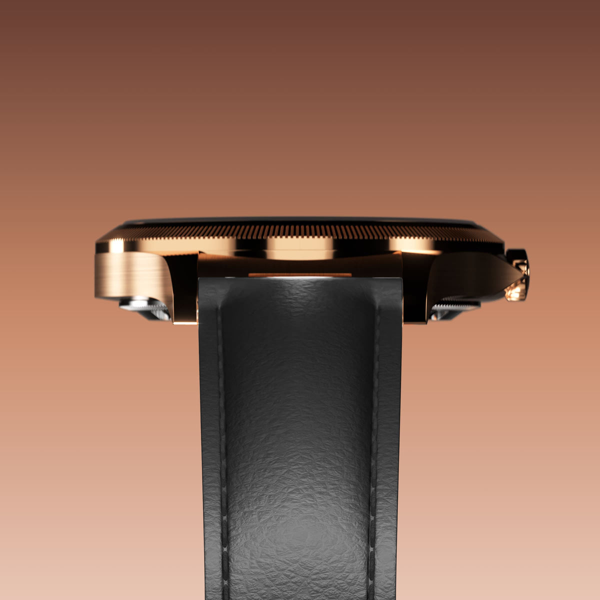 Underside view of the Sunseeker 34mm rose gold case and the clasp of a black eco vegan leather strap