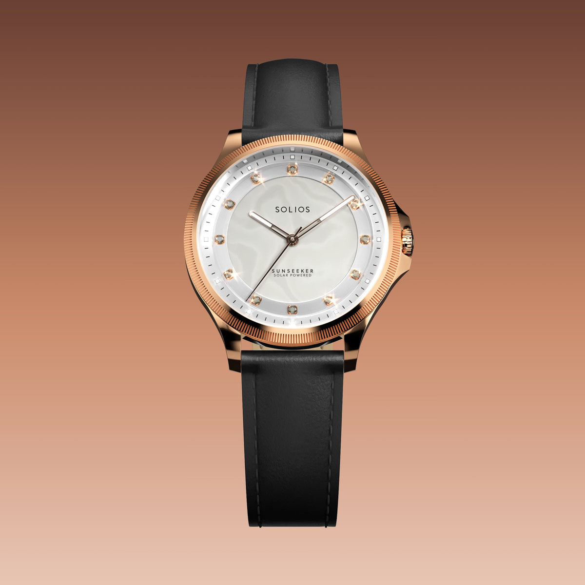 The Sunseeker 34mm solar watch from Solios, front view, mother of pearl dial with crystal hour markers in a rose gold case on a black eco vegan leather strap