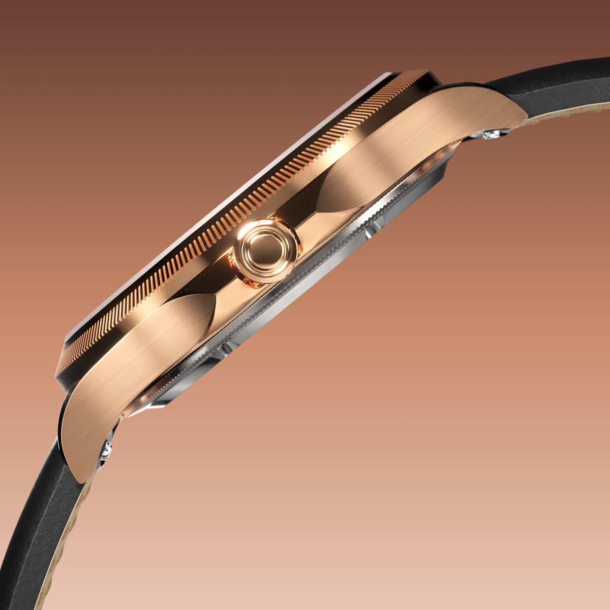 Side profile of the Sunseeker 34mm rose gold case showing the crown and ray-cut bezel, on a black eco vegan leather strap