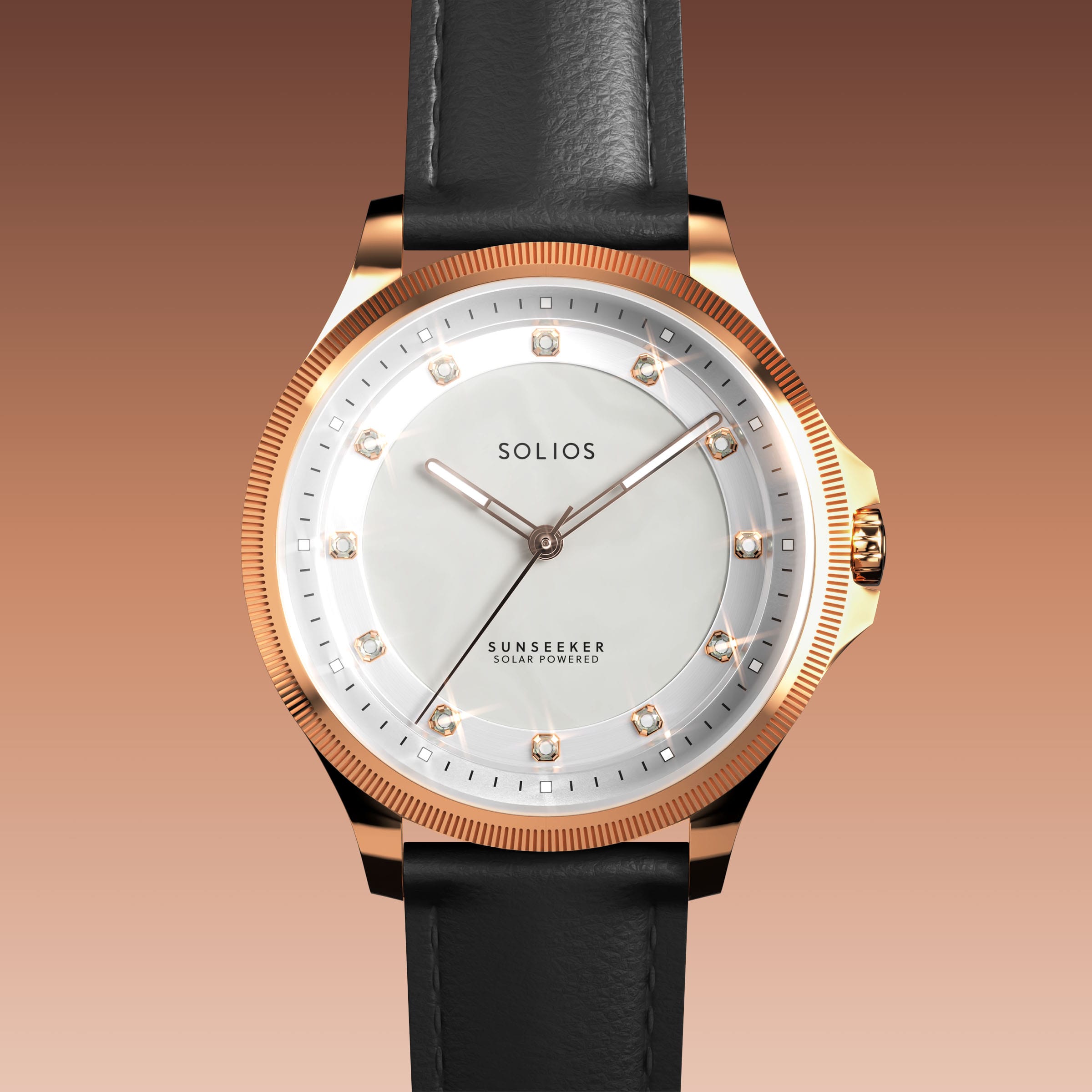 Close front view of the Sunseeker 34mm mother of pearl dial with crystal hour markers and rose gold case on a black eco vegan leather strap