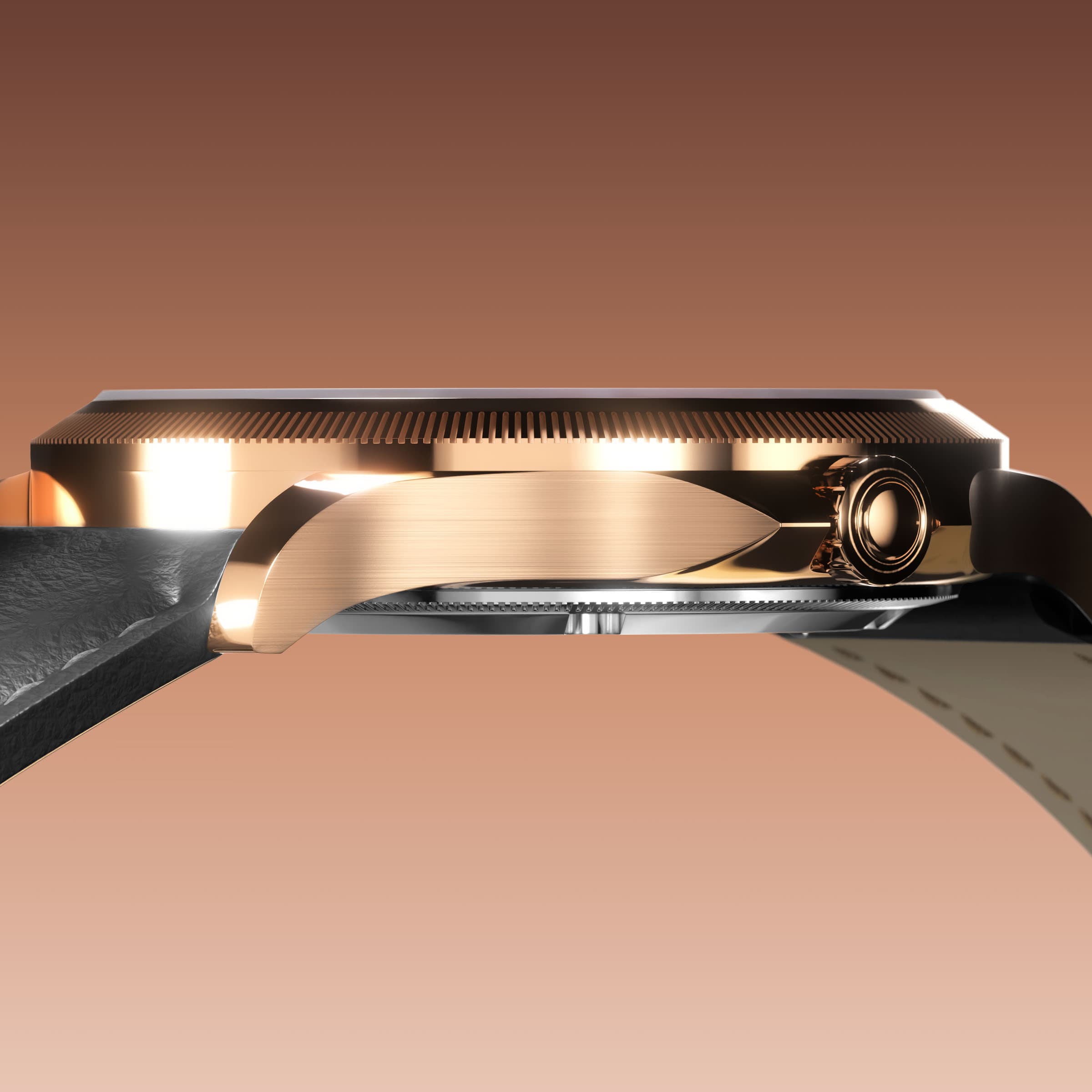 Low-angle view of the Sunseeker 34mm rose gold case and crown with a black eco vegan leather strap