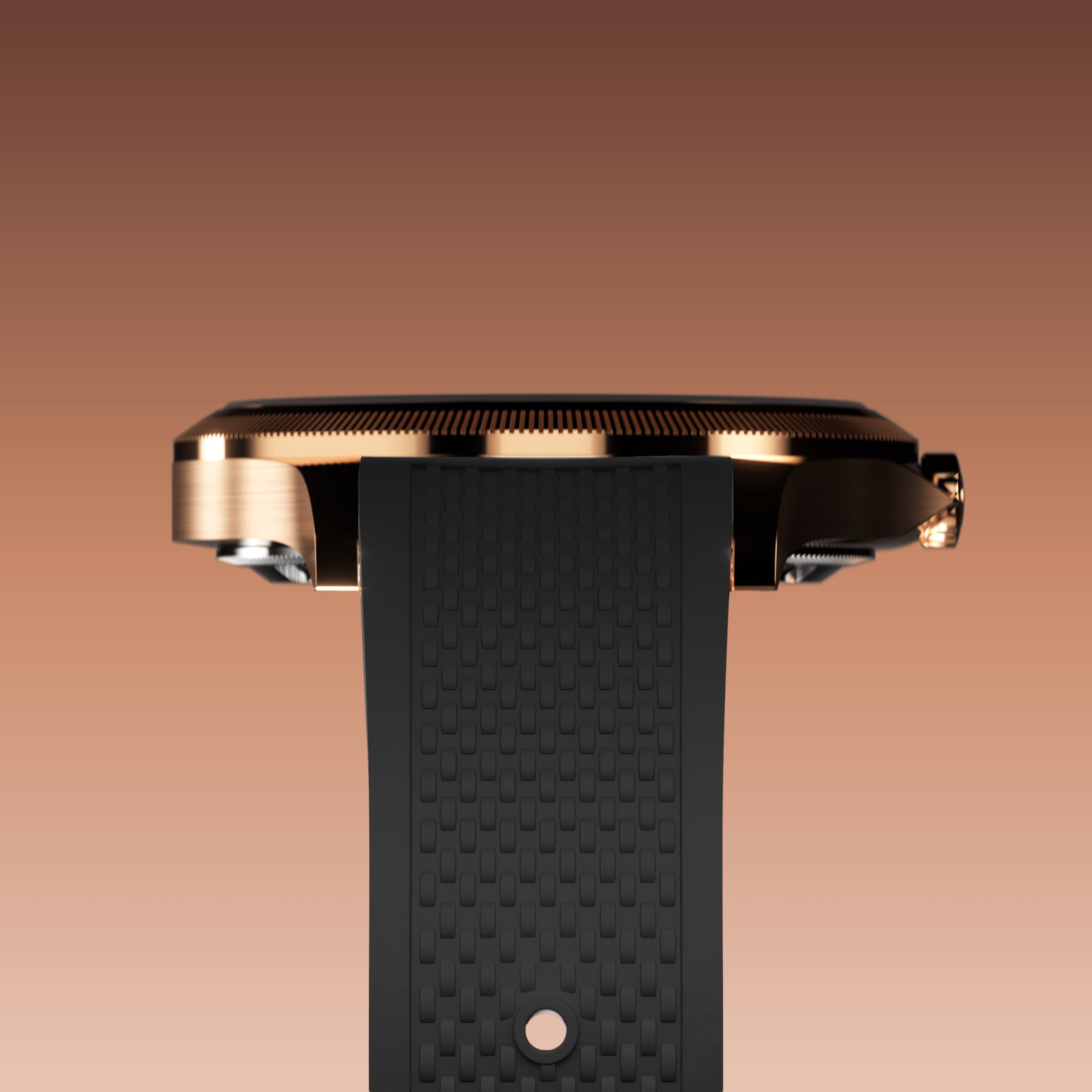 Underside view of the Sunseeker 34mm rose gold case and the clasp of a black natural rubber strap