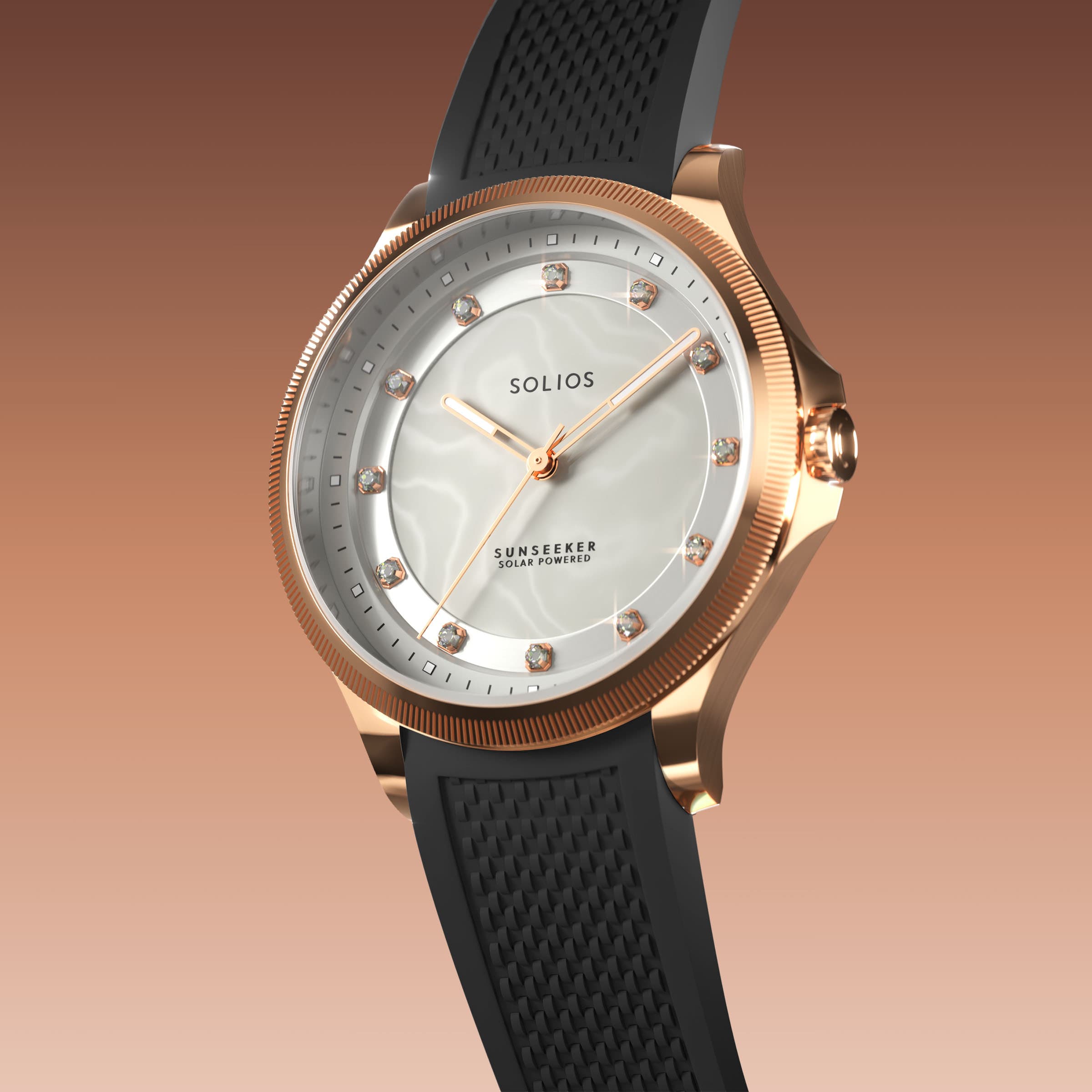 Angled view of the Sunseeker 34mm solar watch, mother of pearl dial with crystal hour markers and rose gold case on a black natural rubber strap
