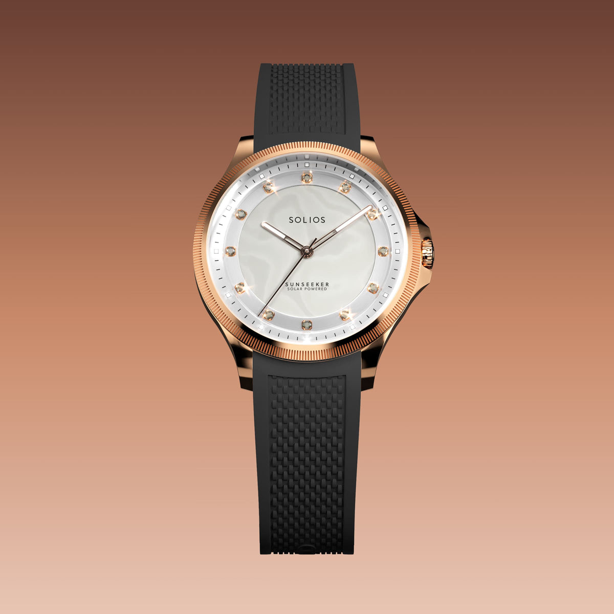 The Sunseeker 34mm solar watch from Solios, front view, mother of pearl dial with crystal hour markers in a rose gold case on a black natural rubber strap