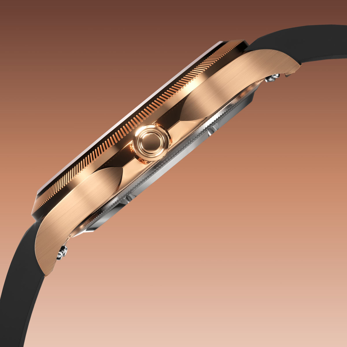 Side profile of the Sunseeker 34mm rose gold case showing the crown and ray-cut bezel, on a black natural rubber strap
