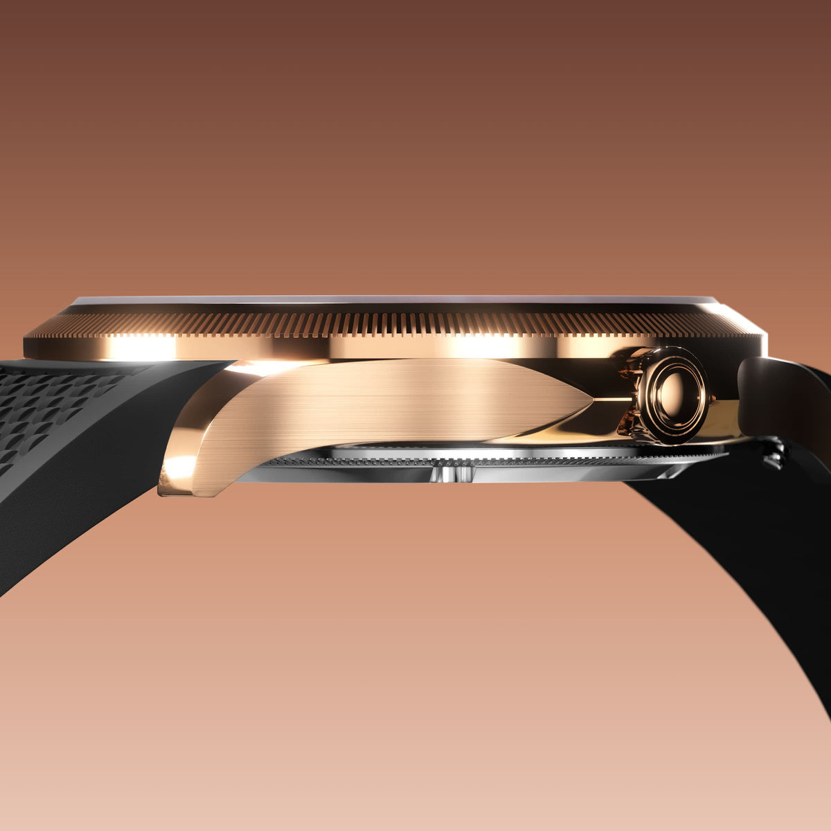 Low-angle view of the Sunseeker 34mm rose gold case and crown with a black natural rubber strap