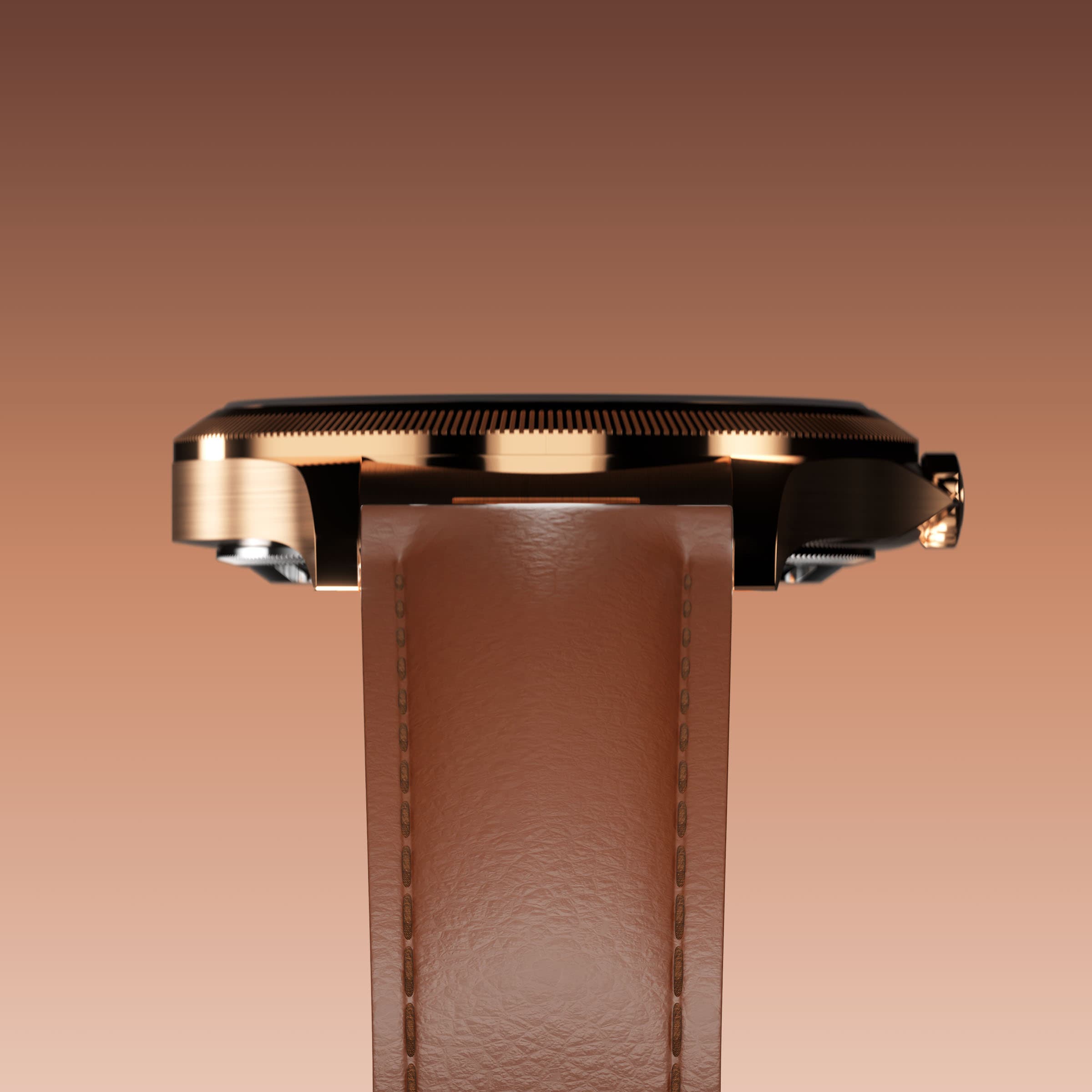 Underside view of the Sunseeker 34mm rose gold case and the clasp of a brown eco vegan leather strap