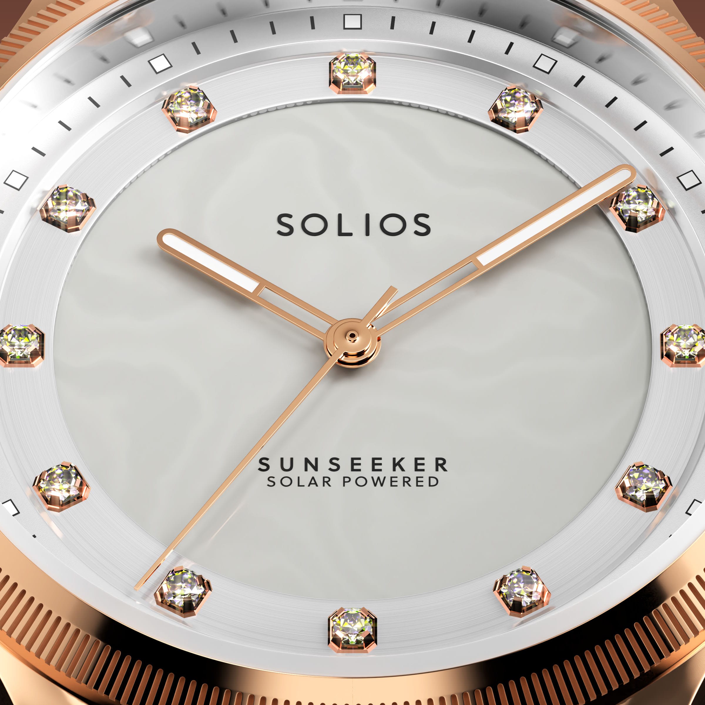 Macro of the Solios Sunseeker Proud Diamond mother of pearl dial with crystal hour markers and rose gold hands