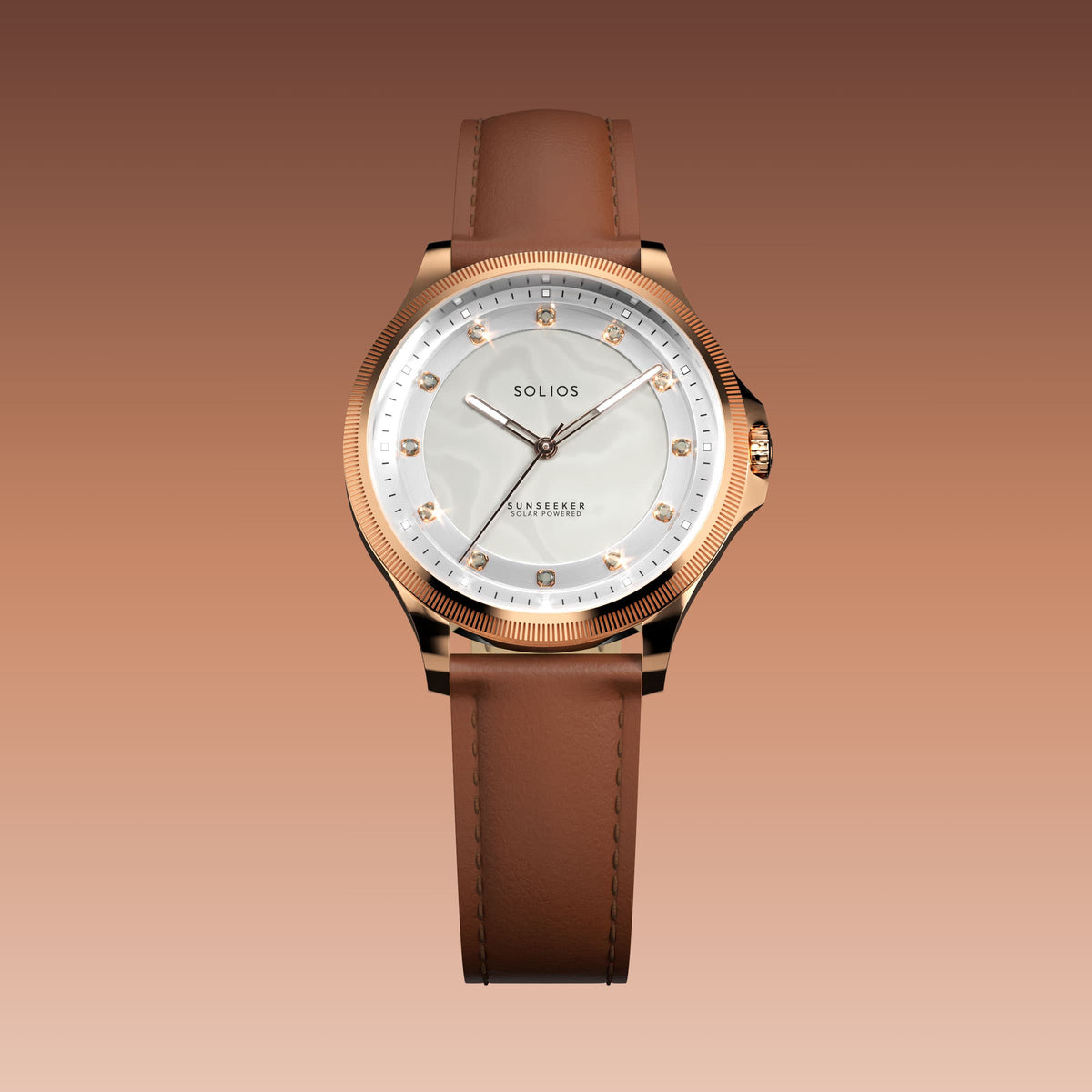 The Sunseeker 34mm solar watch from Solios, front view, mother of pearl dial with crystal hour markers in a rose gold case on a brown eco vegan leather strap
