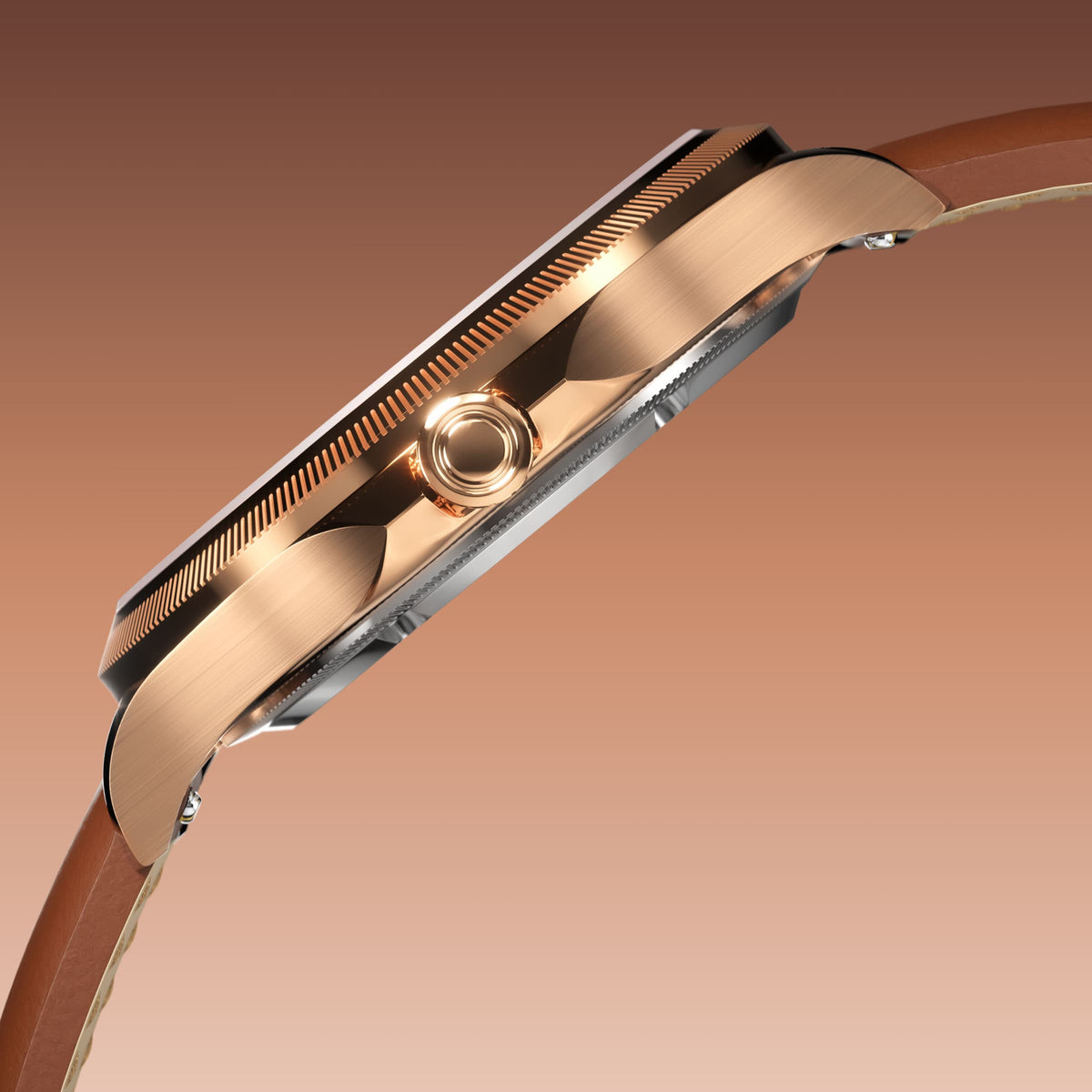 Side profile of the Sunseeker 34mm rose gold case showing the crown and ray-cut bezel, on a brown eco vegan leather strap