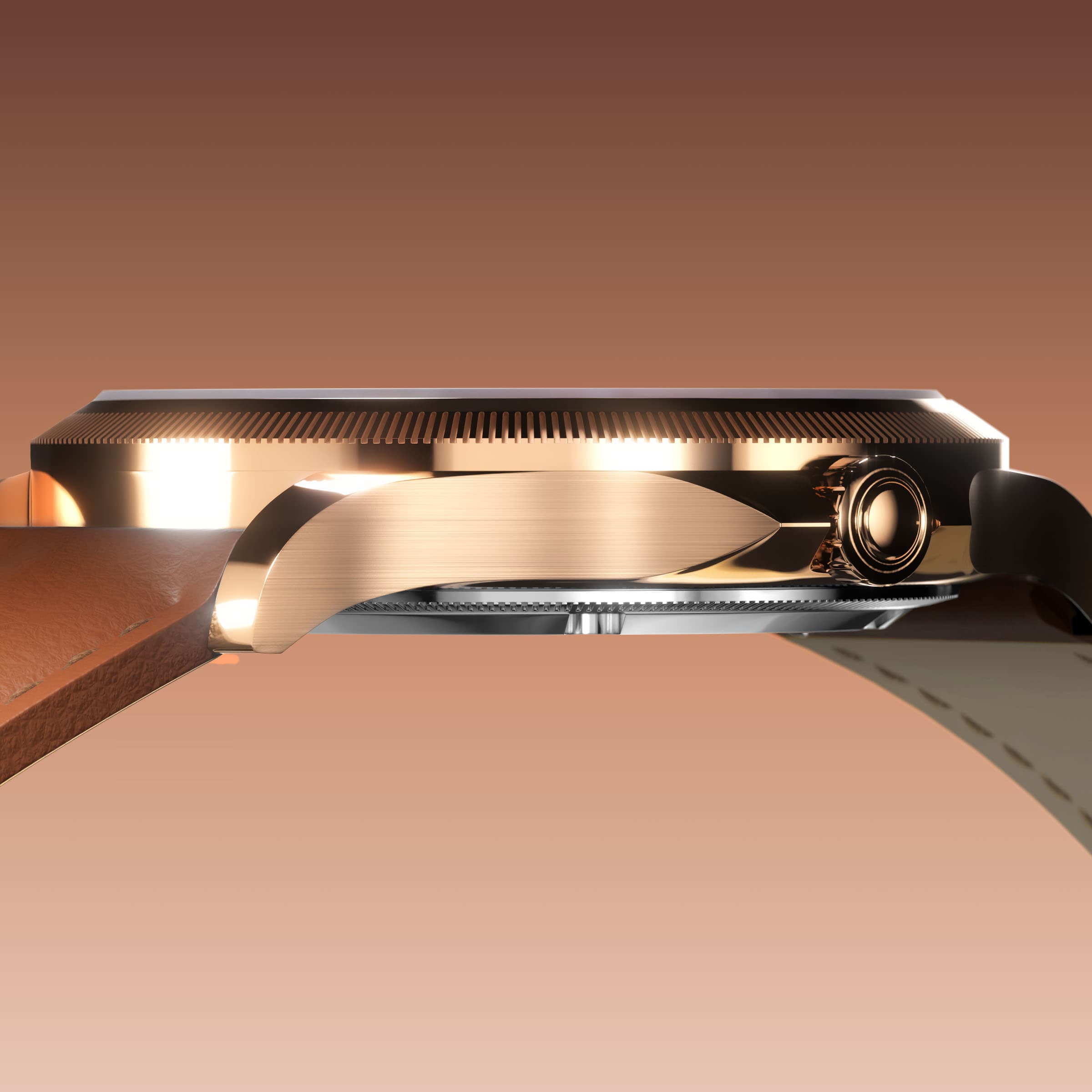 Low-angle view of the Sunseeker 34mm rose gold case and crown with a brown eco vegan leather strap