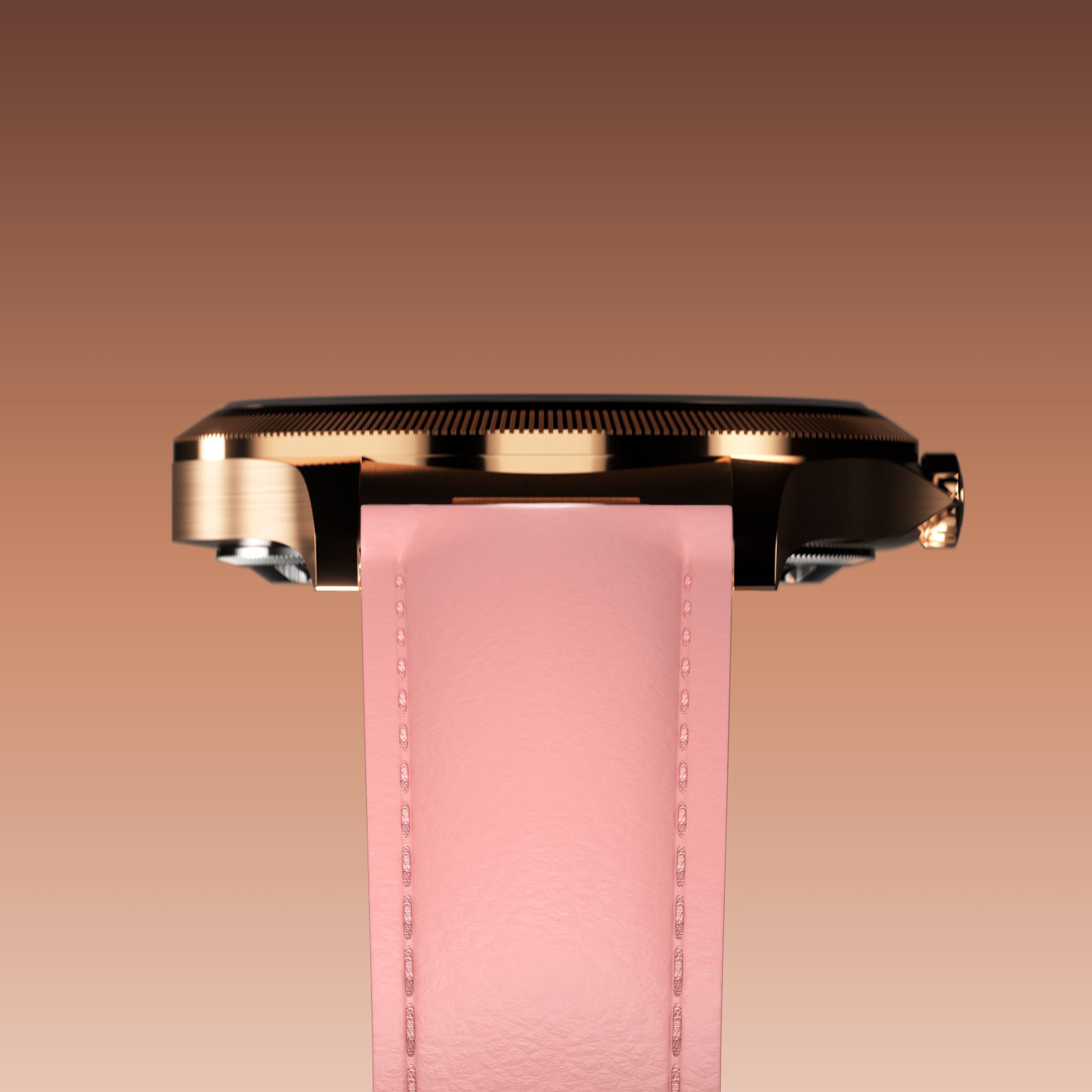Underside view of the Sunseeker 34mm rose gold case and the clasp of a pink eco vegan leather strap