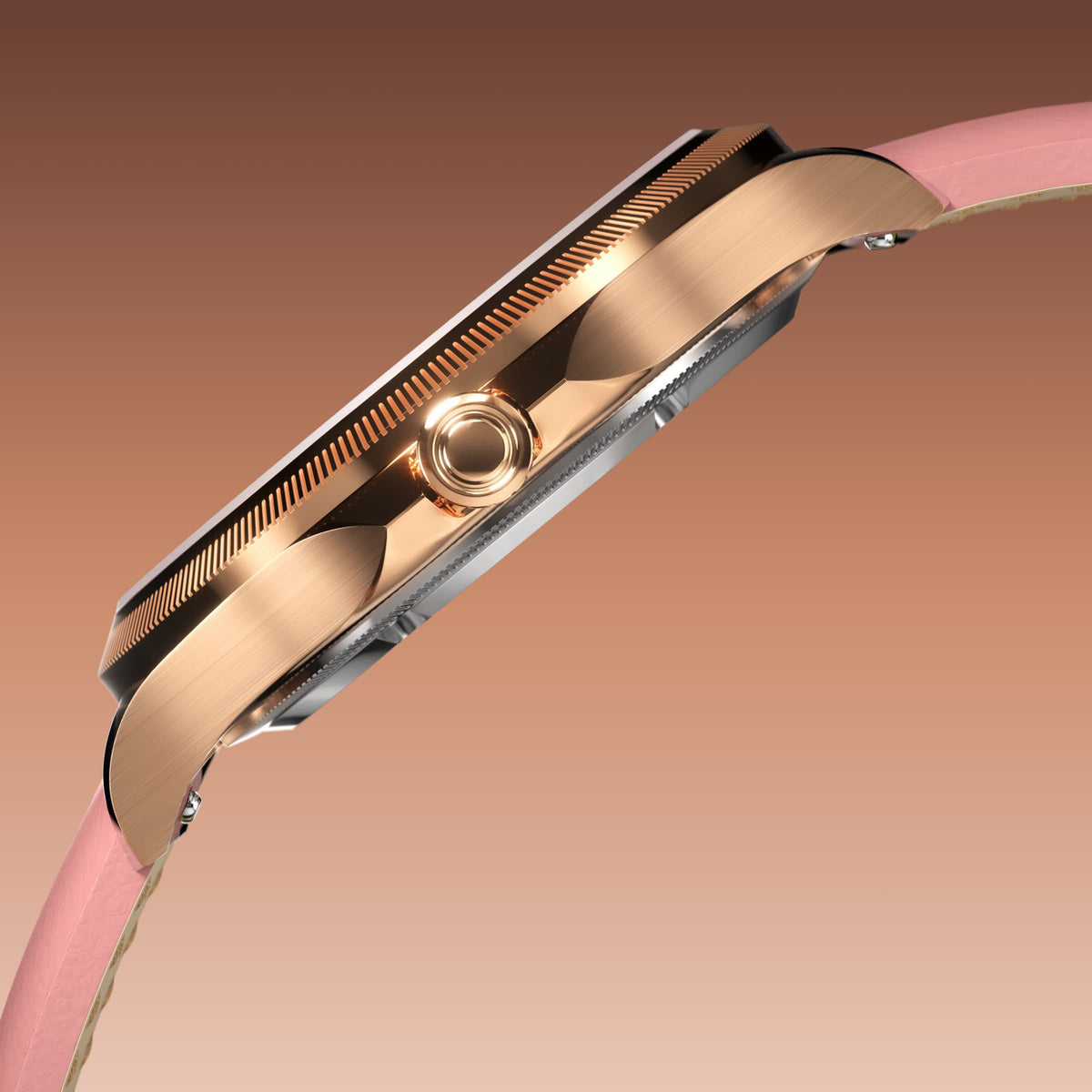 Side profile of the Sunseeker 34mm rose gold case showing the crown and ray-cut bezel, on a pink eco vegan leather strap