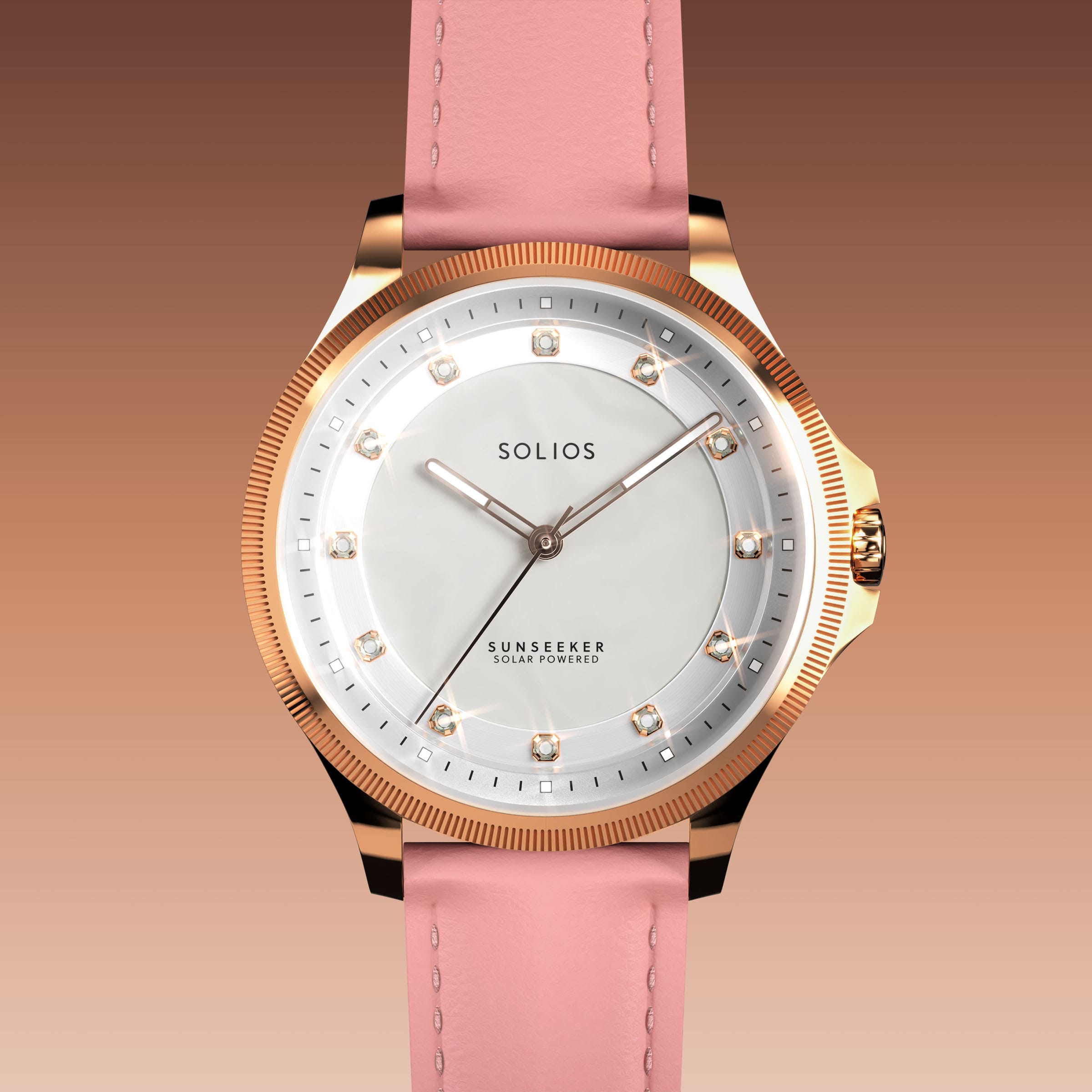 Close front view of the Sunseeker 34mm mother of pearl dial with crystal hour markers and rose gold case on a pink eco vegan leather strap