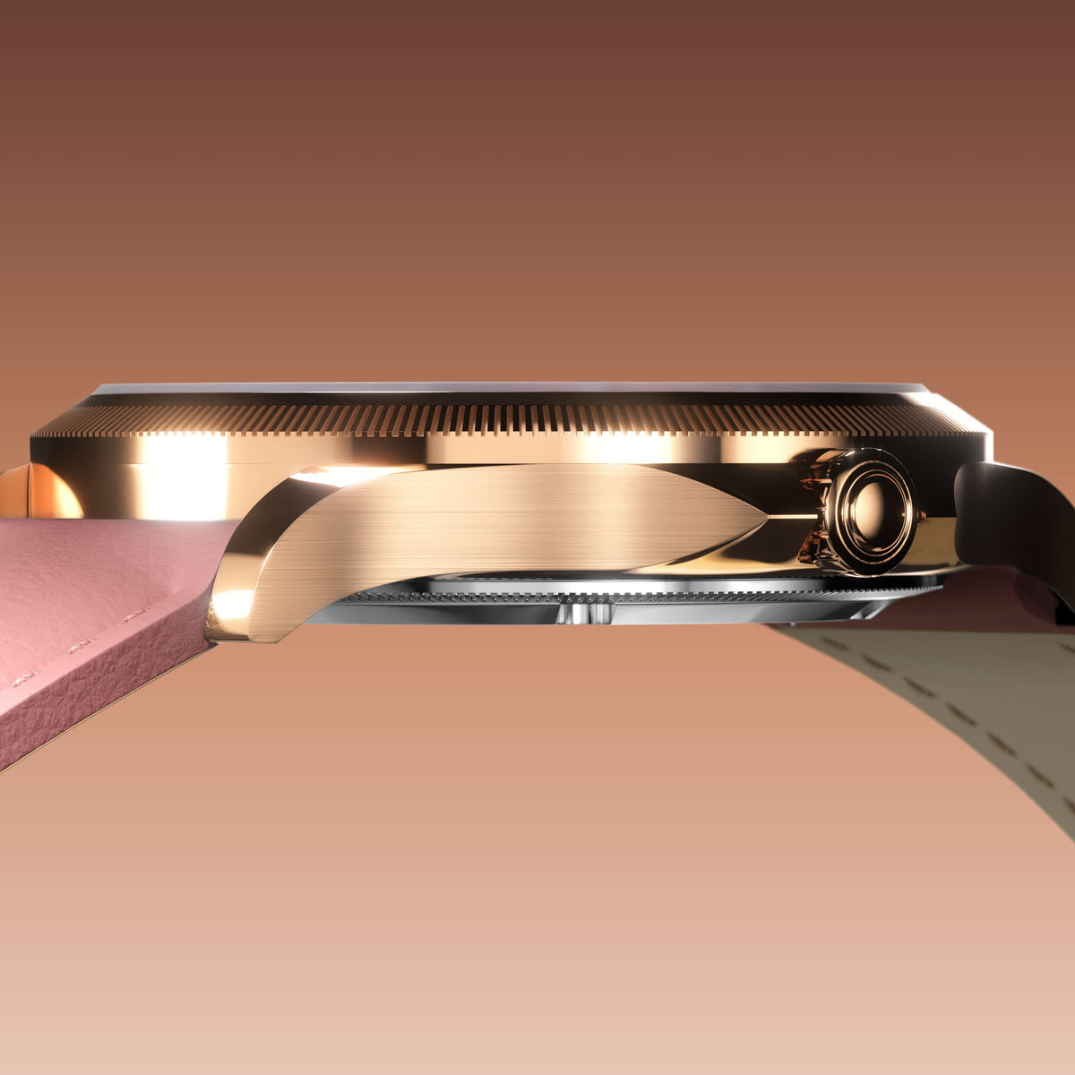 Low-angle view of the Sunseeker 34mm rose gold case and crown with a pink eco vegan leather strap