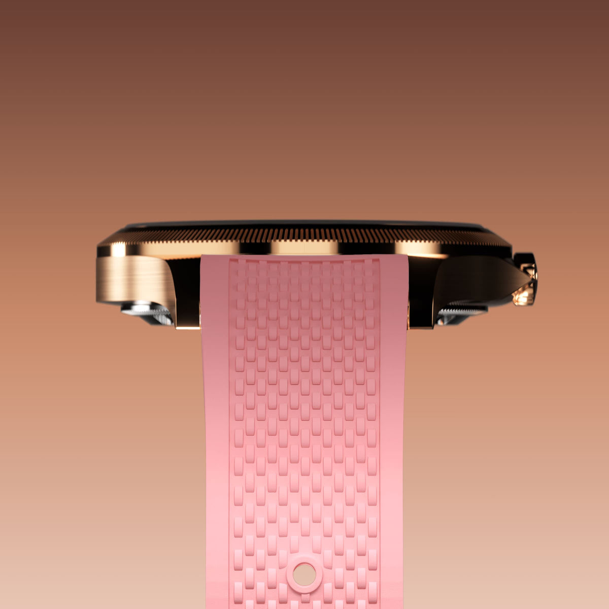 Underside view of the Sunseeker 34mm rose gold case and the clasp of a pink natural rubber strap