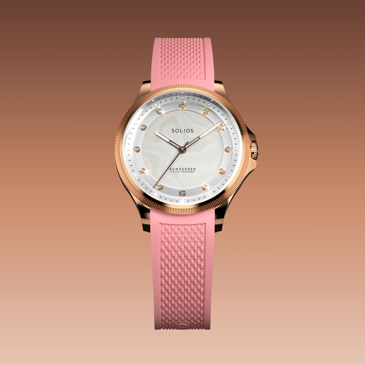The Sunseeker 34mm solar watch from Solios, front view, mother of pearl dial with crystal hour markers in a rose gold case on a pink natural rubber strap