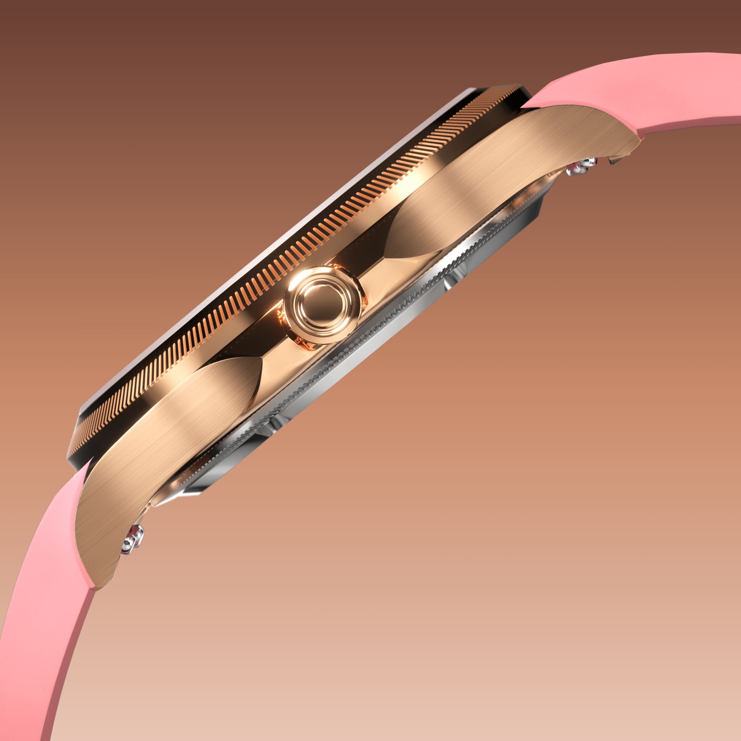 Side profile of the Sunseeker 34mm rose gold case showing the crown and ray-cut bezel, on a pink natural rubber strap