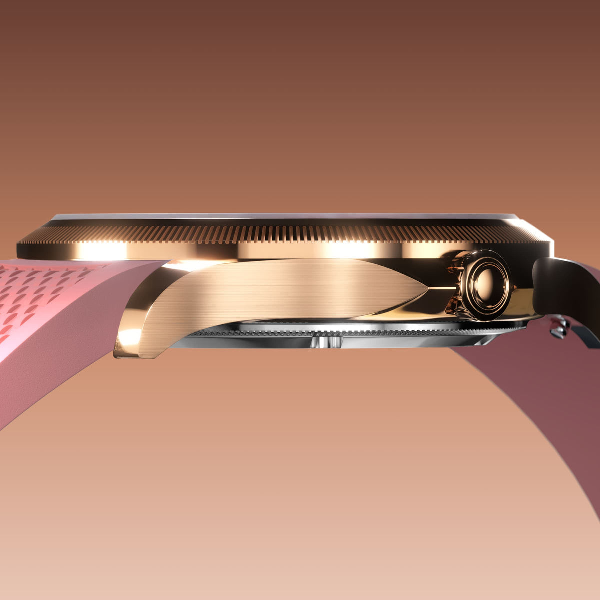 Low-angle view of the Sunseeker 34mm rose gold case and crown with a pink natural rubber strap