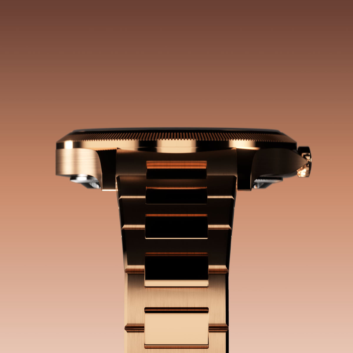 Underside view of the Sunseeker 34mm rose gold case and the clasp of a rose gold metal link bracelet