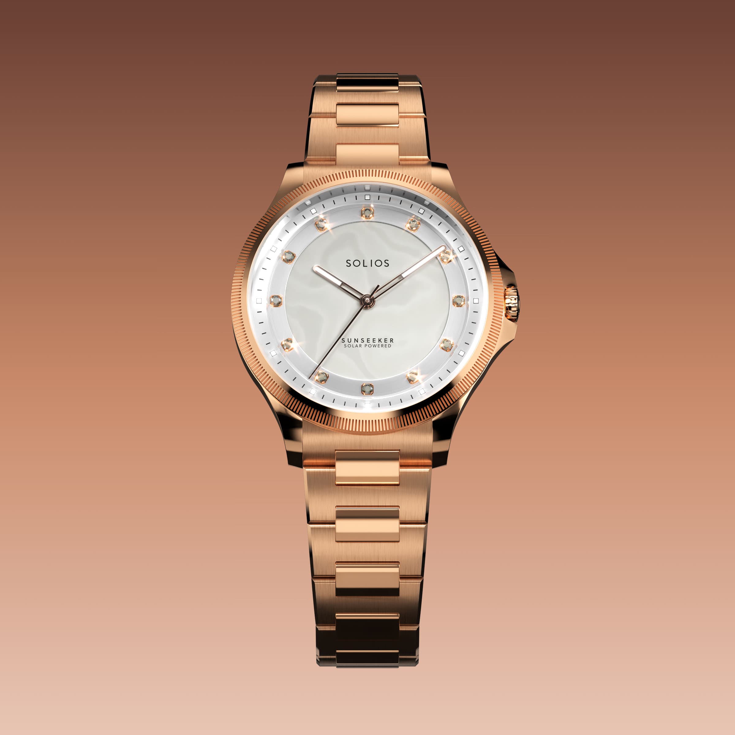 The Sunseeker 34mm solar watch from Solios, front view, mother of pearl dial with crystal hour markers in a rose gold case on a rose gold metal link bracelet