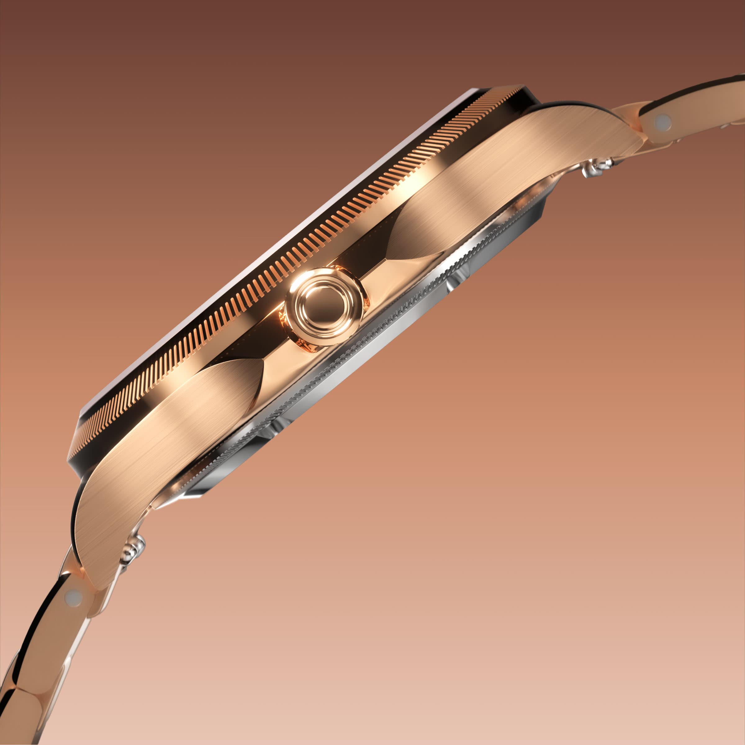 Side profile of the Sunseeker 34mm rose gold case showing the crown and ray-cut bezel, on a rose gold metal link bracelet