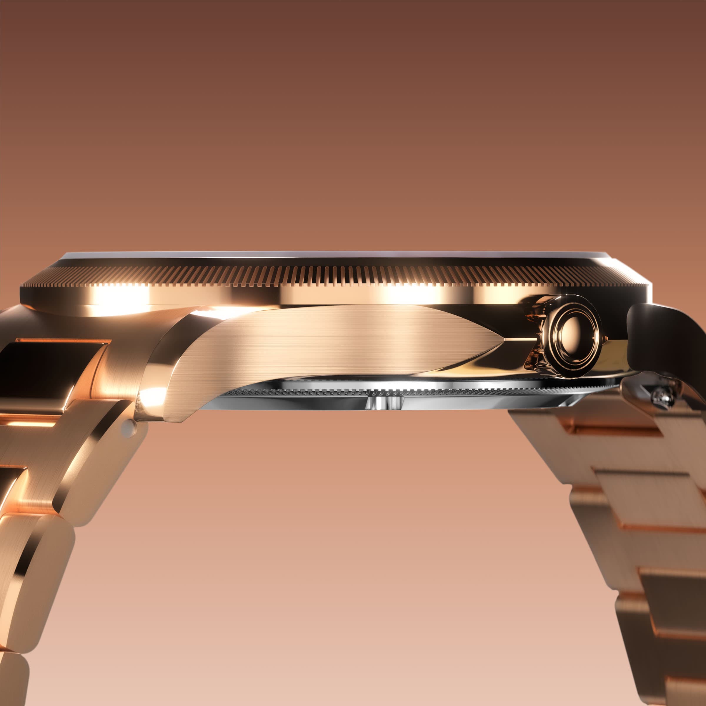 Low-angle view of the Sunseeker 34mm rose gold case and crown with a rose gold metal link bracelet