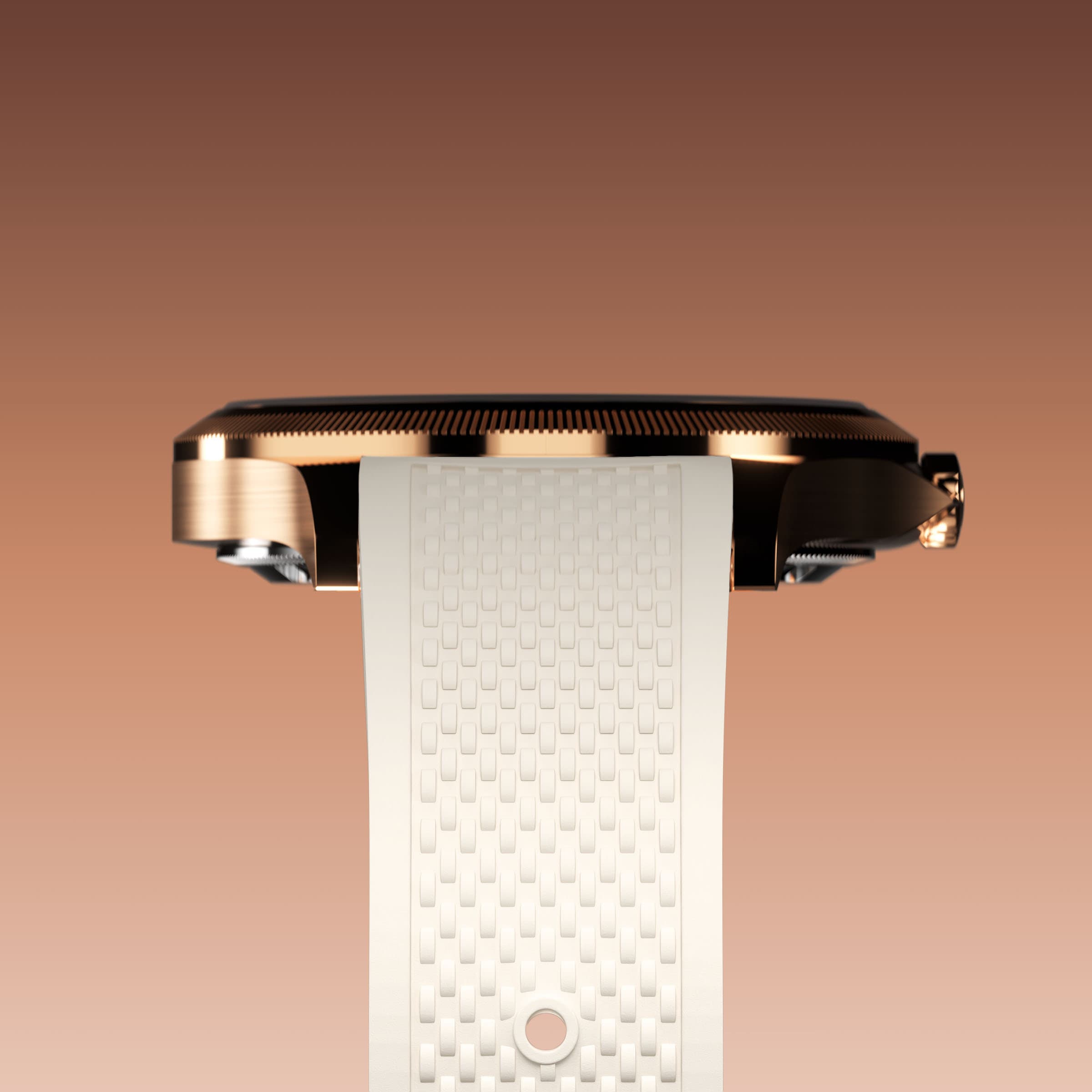 Underside view of the Sunseeker 34mm rose gold case and the clasp of a white natural rubber strap