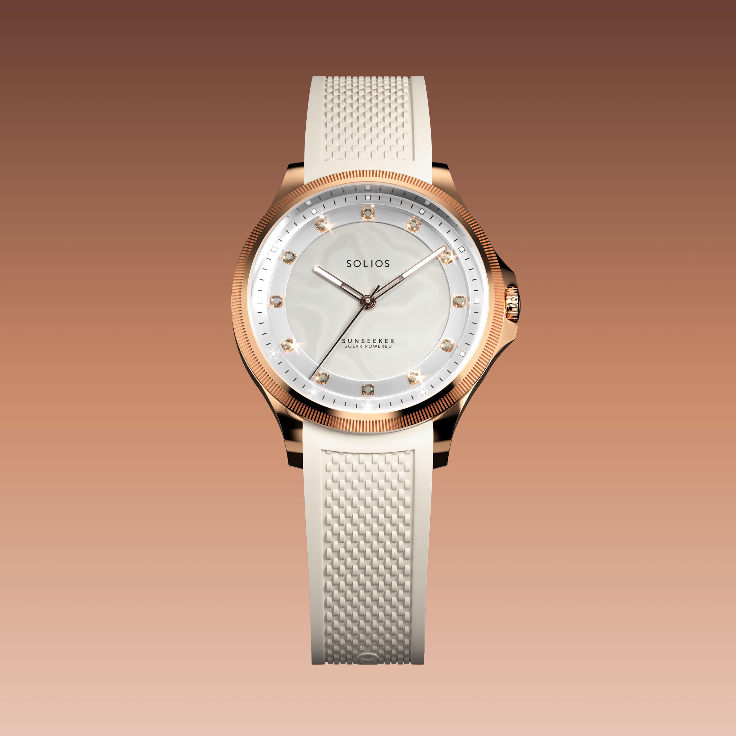 The Sunseeker 34mm solar watch from Solios, front view, mother of pearl dial with crystal hour markers in a rose gold case on a white natural rubber strap