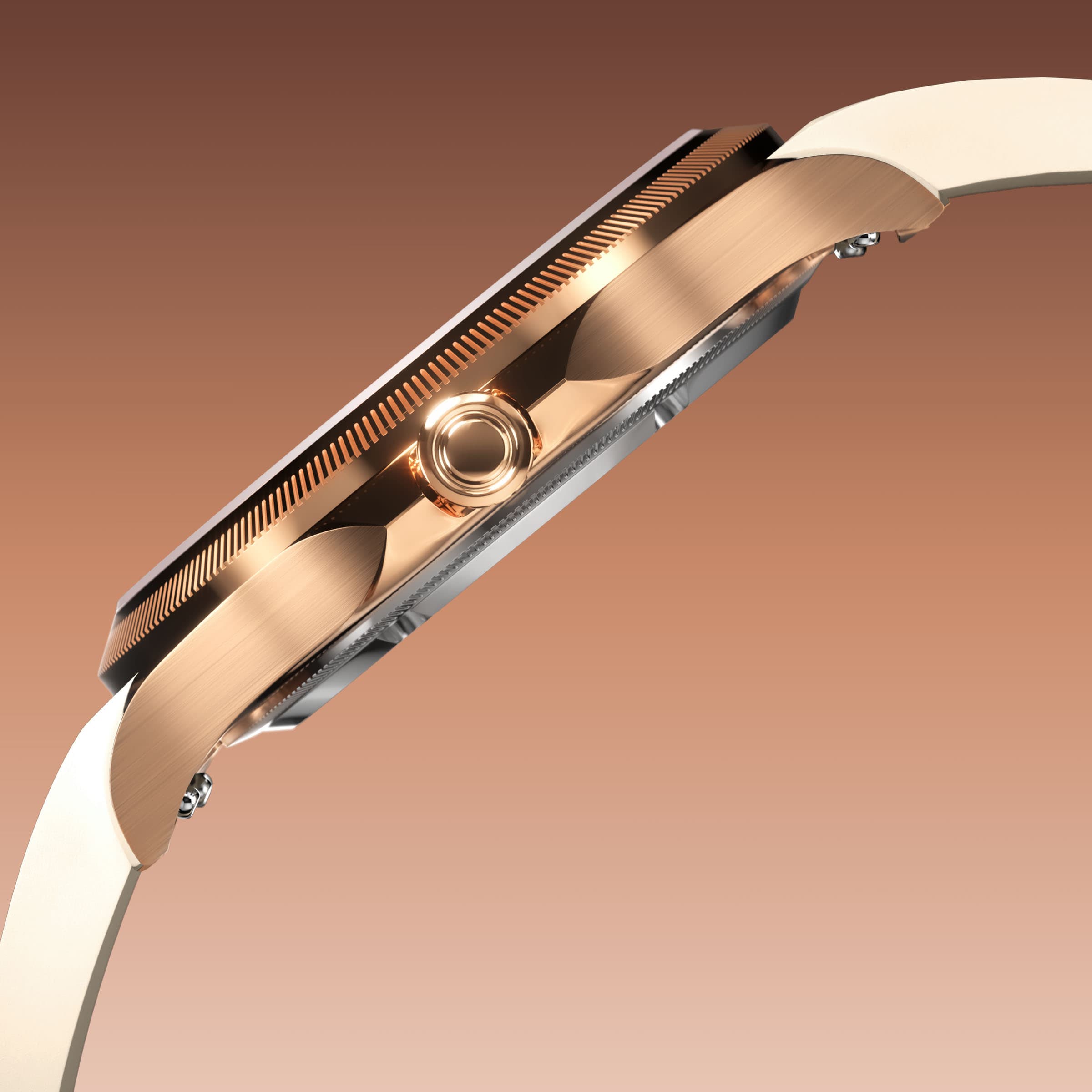 Side profile of the Sunseeker 34mm rose gold case showing the crown and ray-cut bezel, on a white natural rubber strap