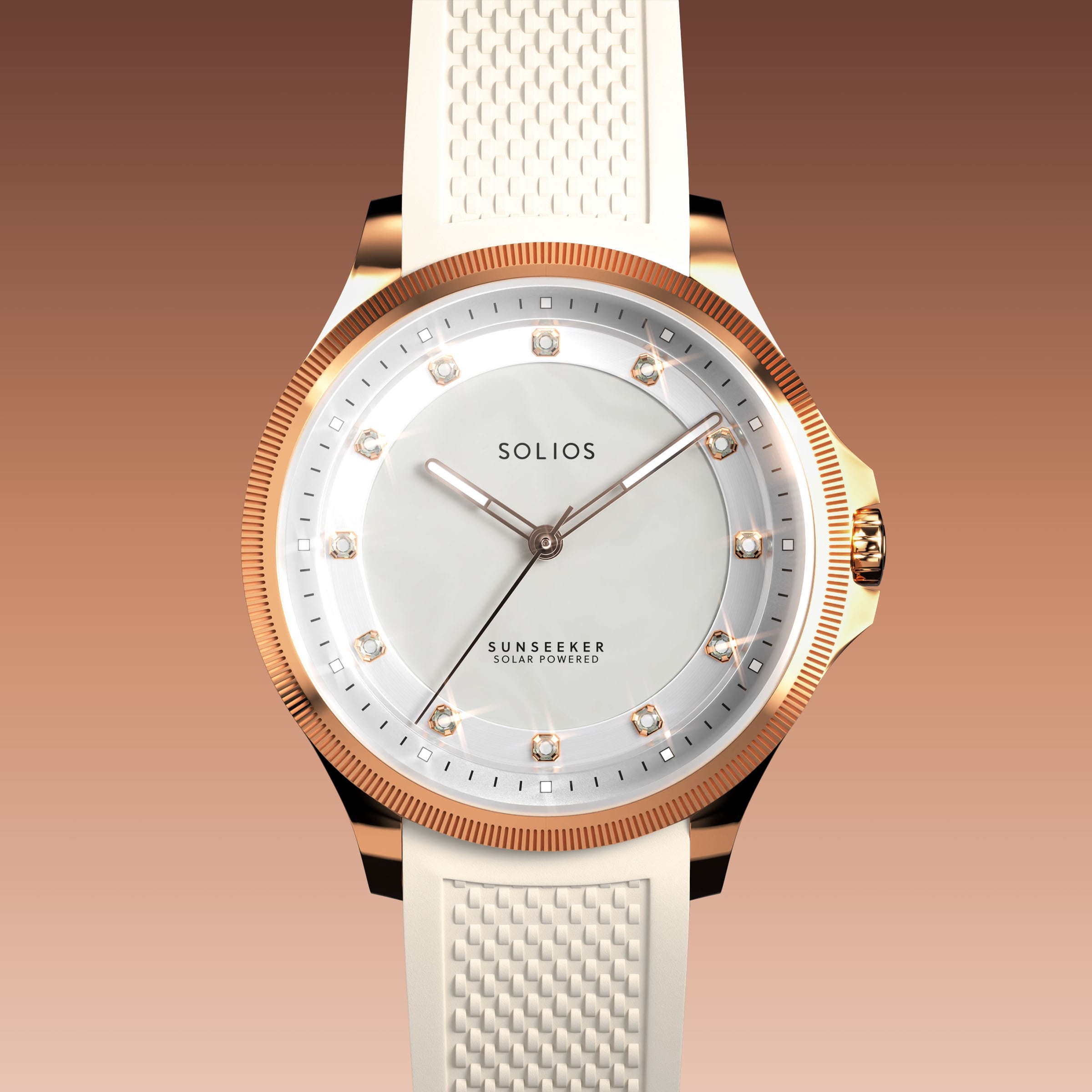Close front view of the Sunseeker 34mm mother of pearl dial with crystal hour markers and rose gold case on a white natural rubber strap
