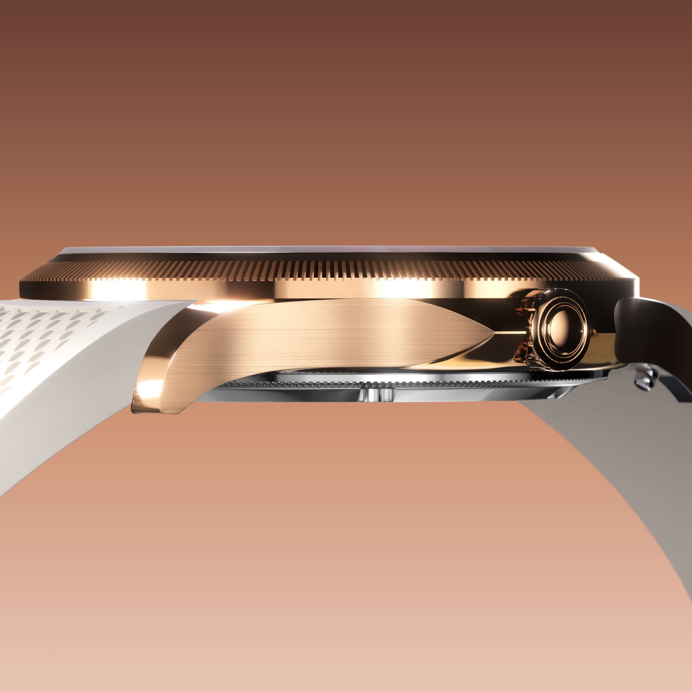 Low-angle view of the Sunseeker 34mm rose gold case and crown with a white natural rubber strap