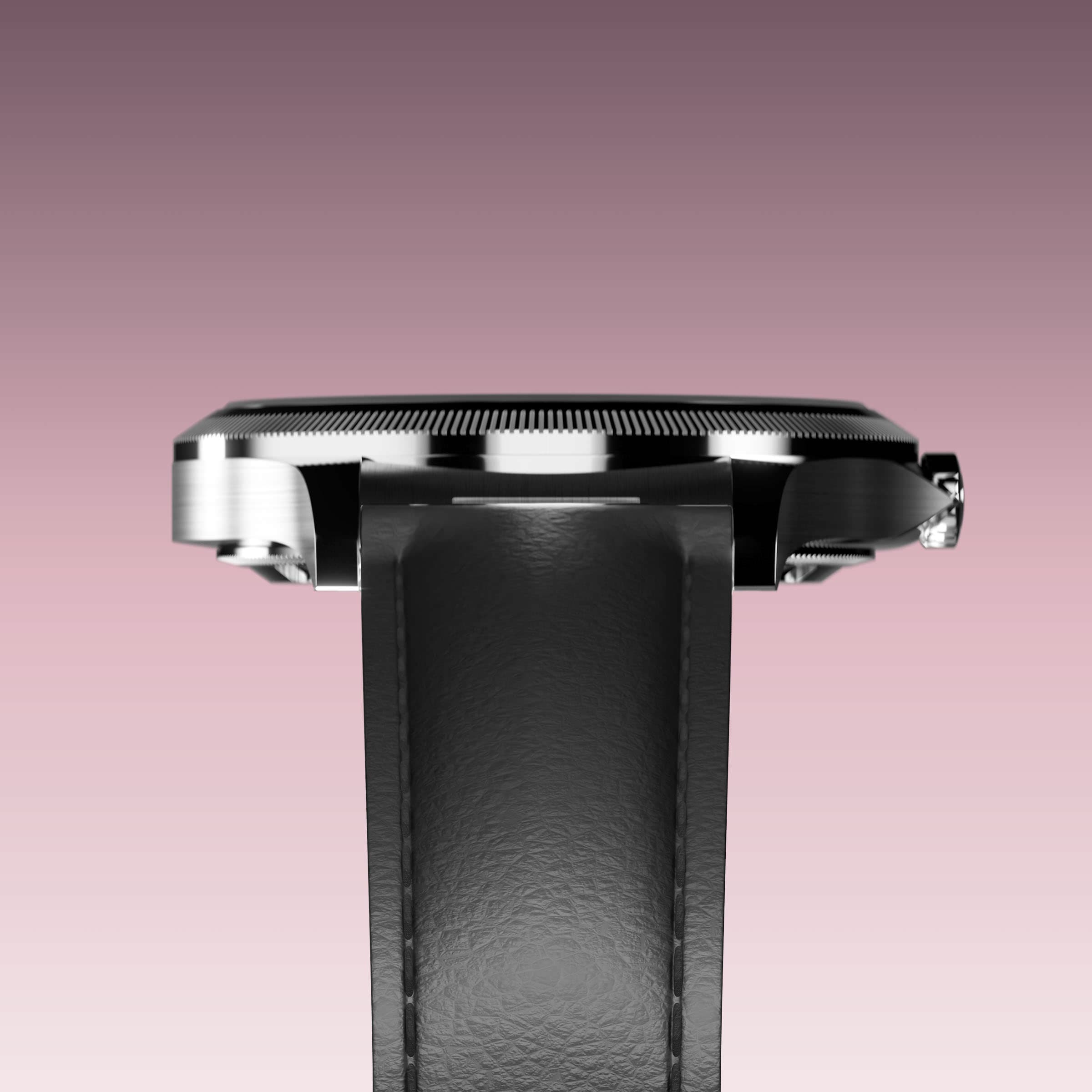 Underside view of the Sunseeker 34mm silver case and the clasp of a black eco vegan leather strap