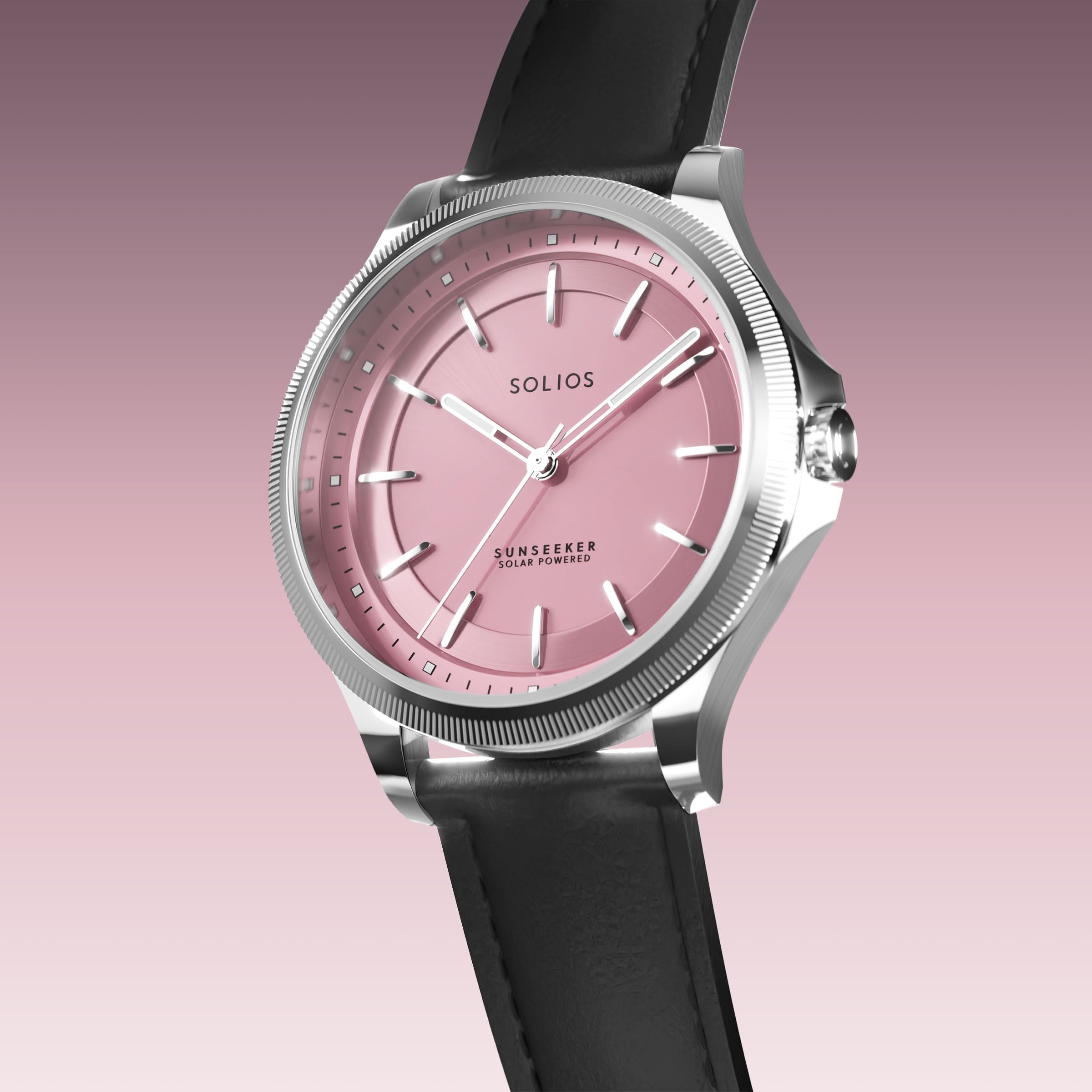 Angled view of the Sunseeker 34mm solar watch, pink dial and silver case on a black eco vegan leather strap