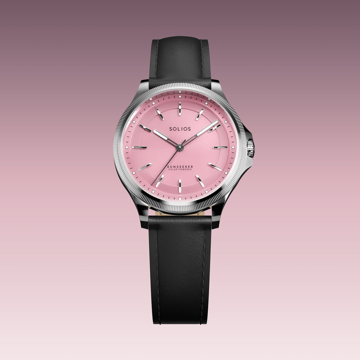 The Sunseeker 34mm solar watch from Solios, front view, pink dial in a silver case on a black eco vegan leather strap