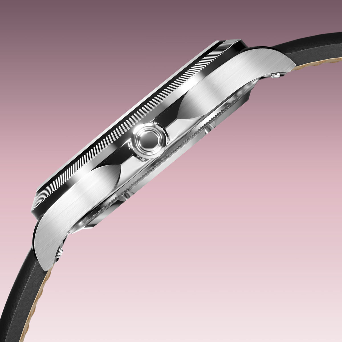 Side profile of the Sunseeker 34mm silver case showing the crown and ray-cut bezel, on a black eco vegan leather strap