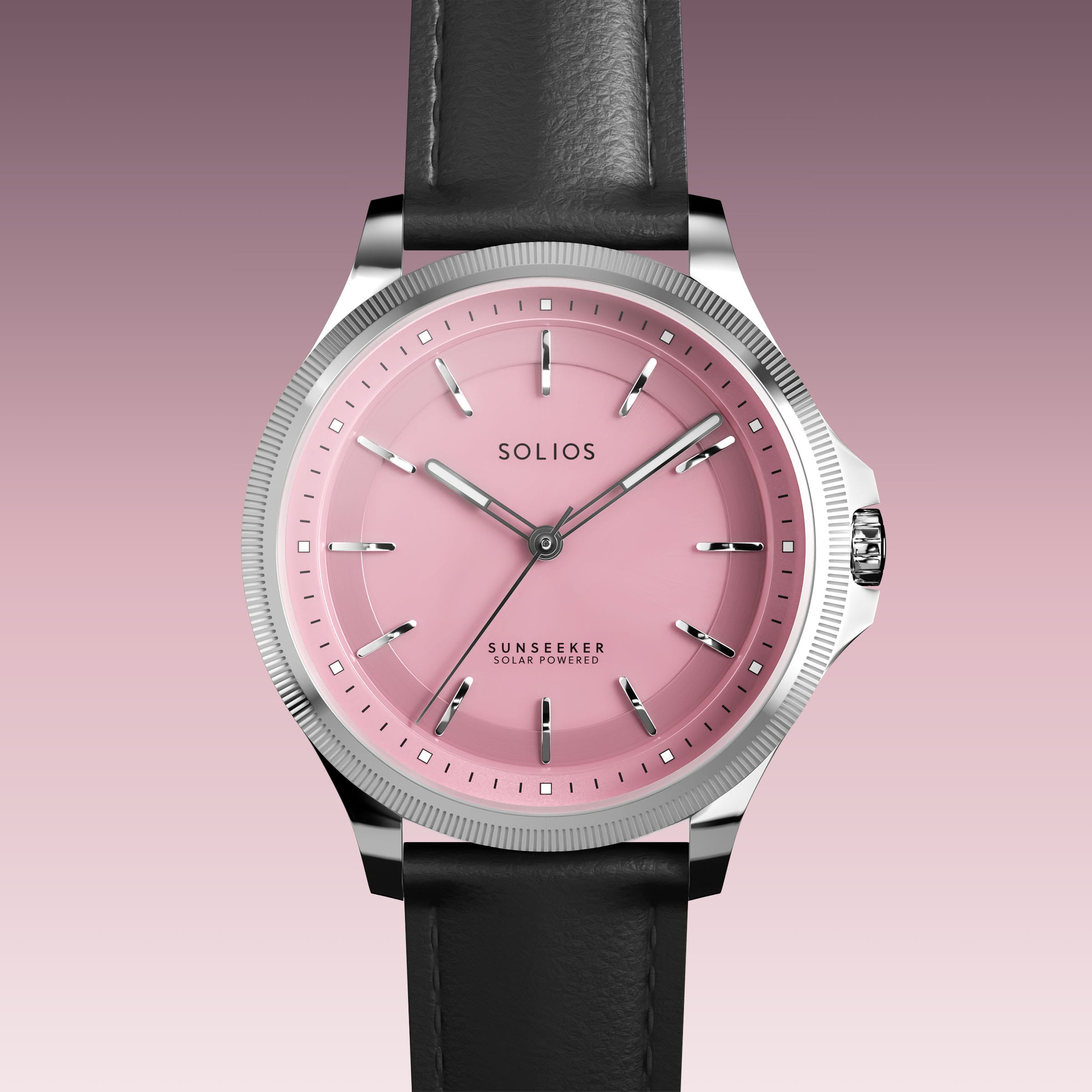 Close front view of the Sunseeker 34mm pink dial and silver case on a black eco vegan leather strap
