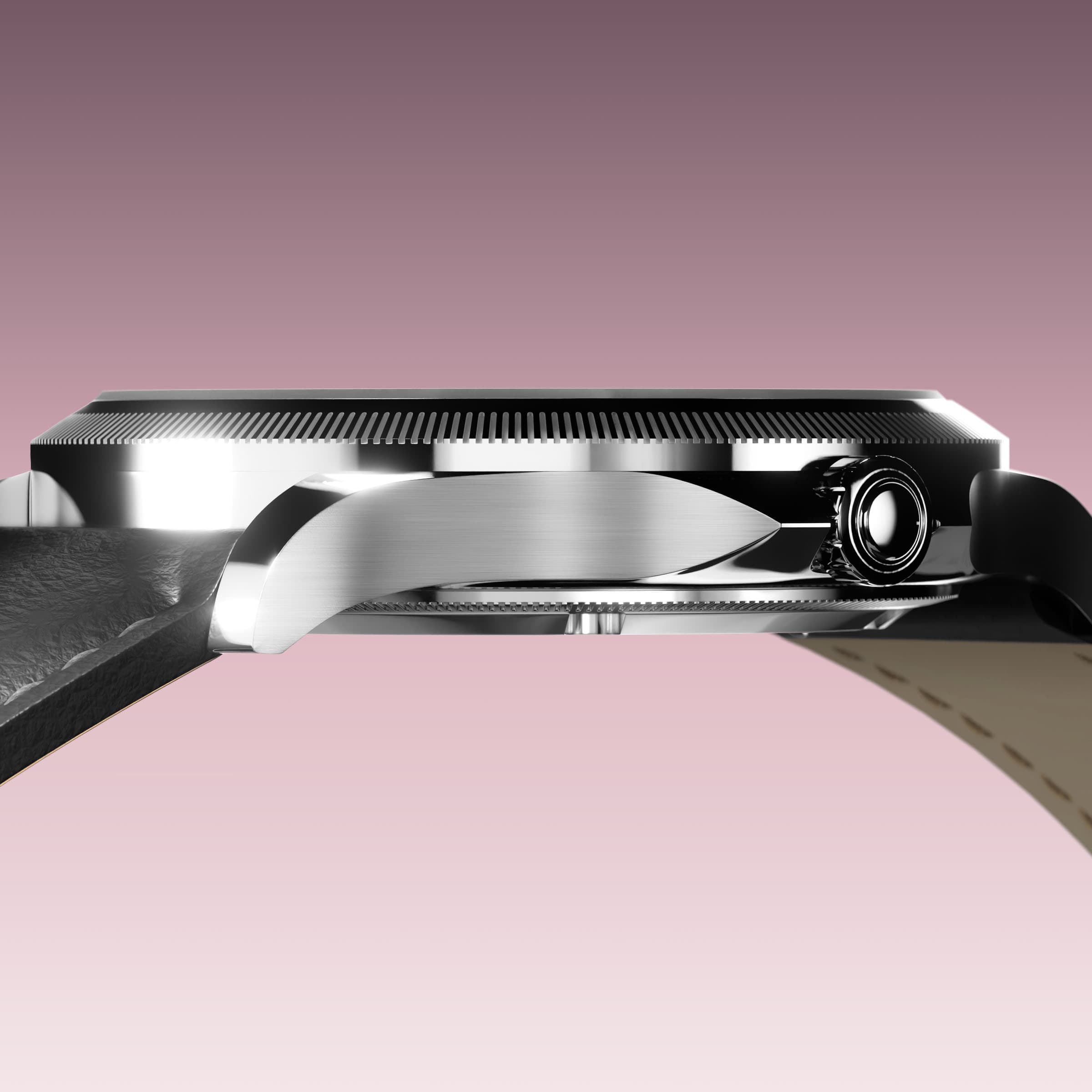 Low-angle view of the Sunseeker 34mm silver case and crown with a black eco vegan leather strap