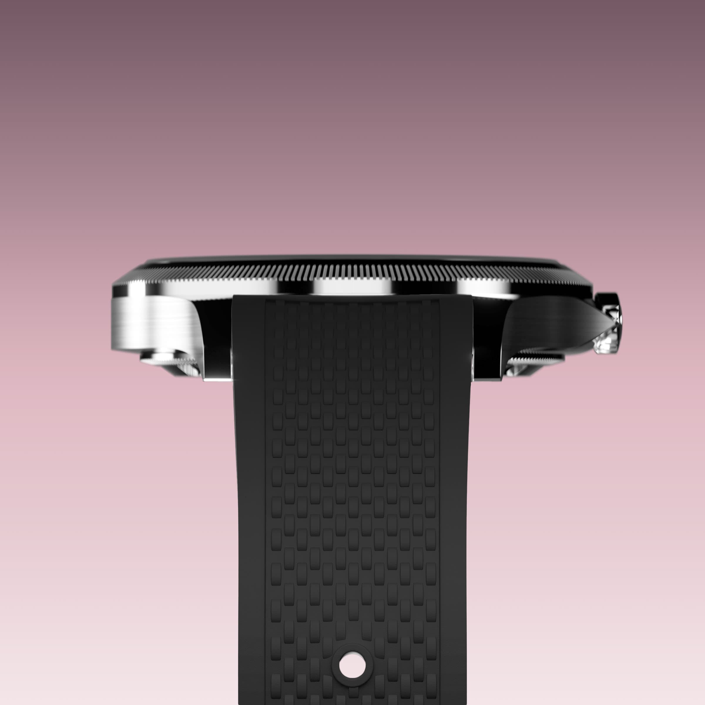 Underside view of the Sunseeker 34mm silver case and the clasp of a black natural rubber strap