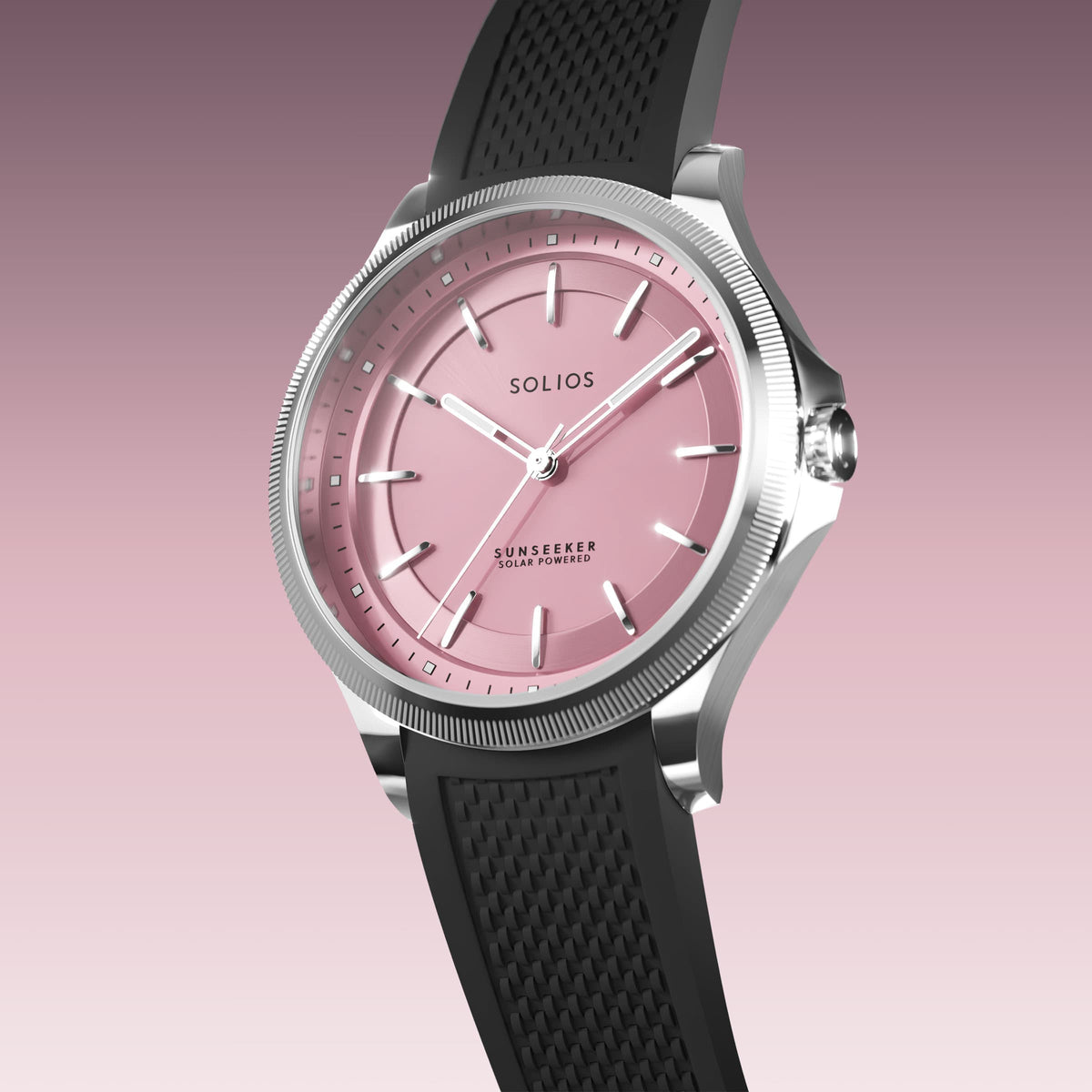 Angled view of the Sunseeker 34mm solar watch, pink dial and silver case on a black natural rubber strap