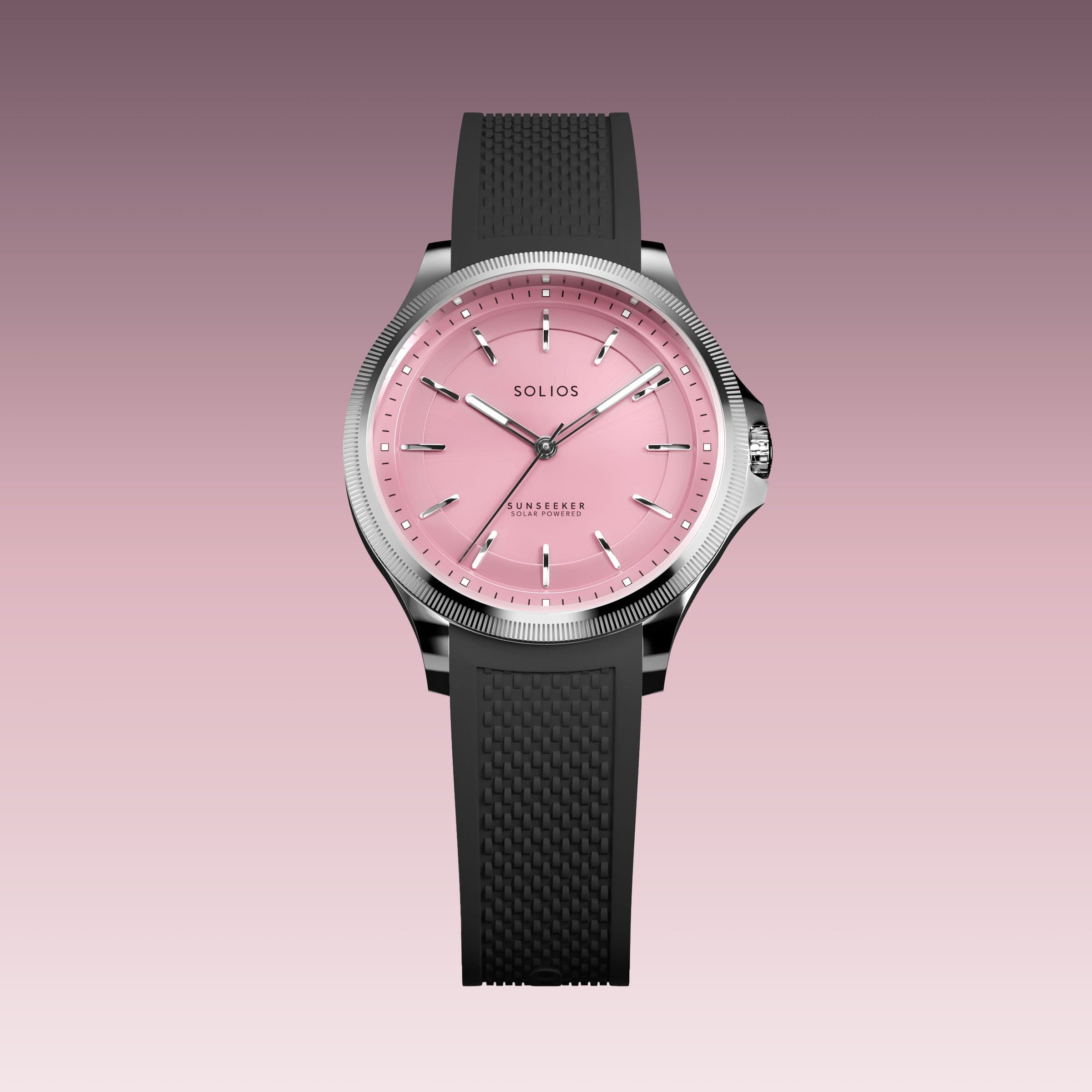 The Sunseeker 34mm solar watch from Solios, front view, pink dial in a silver case on a black natural rubber strap