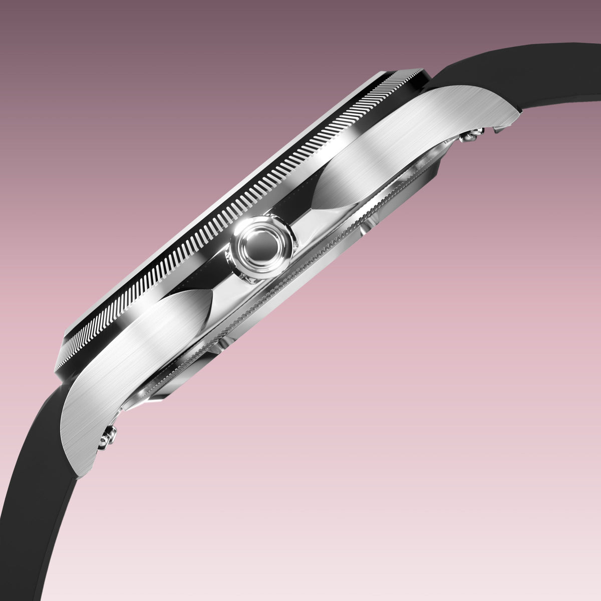 Side profile of the Sunseeker 34mm silver case showing the crown and ray-cut bezel, on a black natural rubber strap