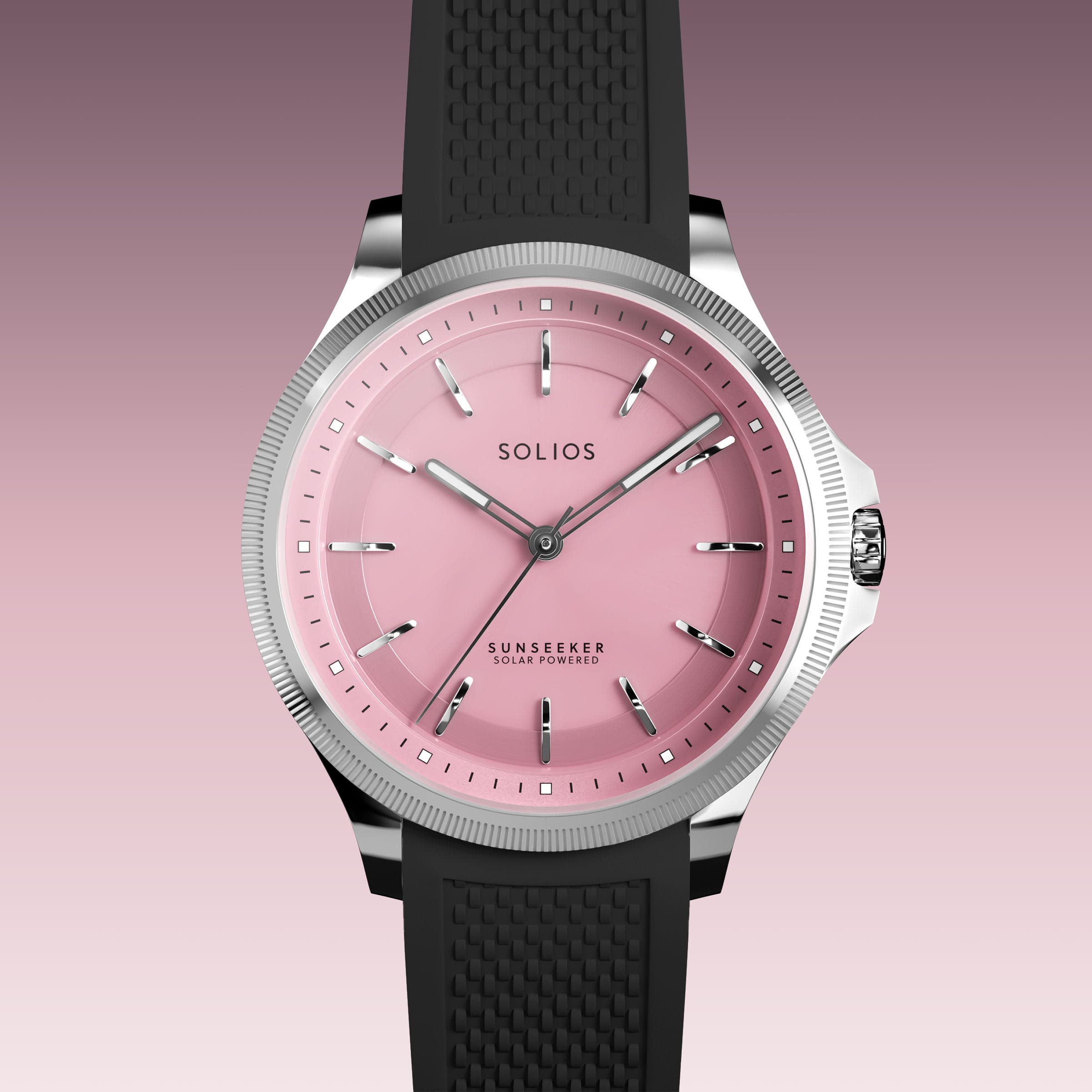Close front view of the Sunseeker 34mm pink dial and silver case on a black natural rubber strap