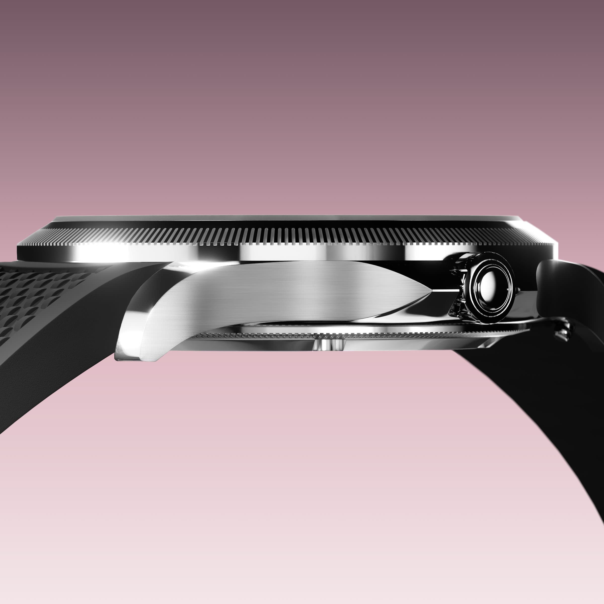 Low-angle view of the Sunseeker 34mm silver case and crown with a black natural rubber strap