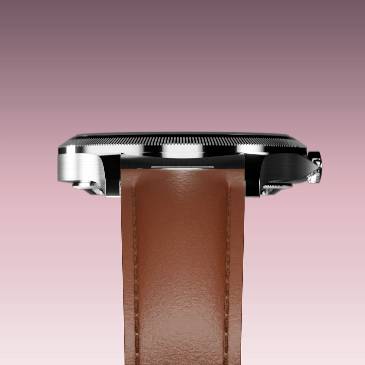 Underside view of the Sunseeker 34mm silver case and the clasp of a brown eco vegan leather strap