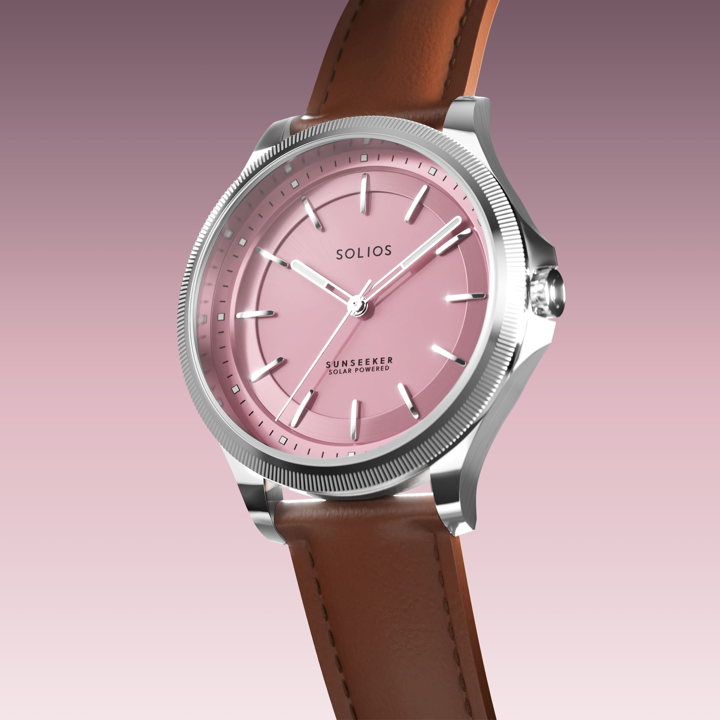 Angled view of the Sunseeker 34mm solar watch, pink dial and silver case on a brown eco vegan leather strap